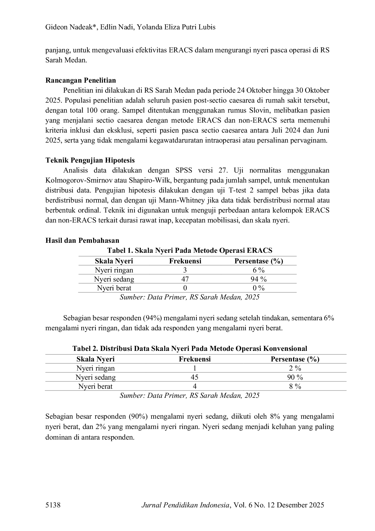 JURIS Evaluasi Efektifitas ERACS dalam Mengurangi Nyeri Pasca Operasi Pada Pasien Sectio Caesarea di Rumah Sakit Sarah Medan