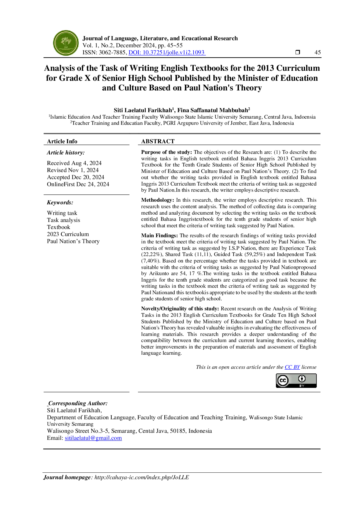 JURIS Analysis of the Task of Writing English Textbooks for the 2013 Curriculum for Grade X of Senior High School Published by the Minister of Education and Culture Based on Paul Nation s Theory