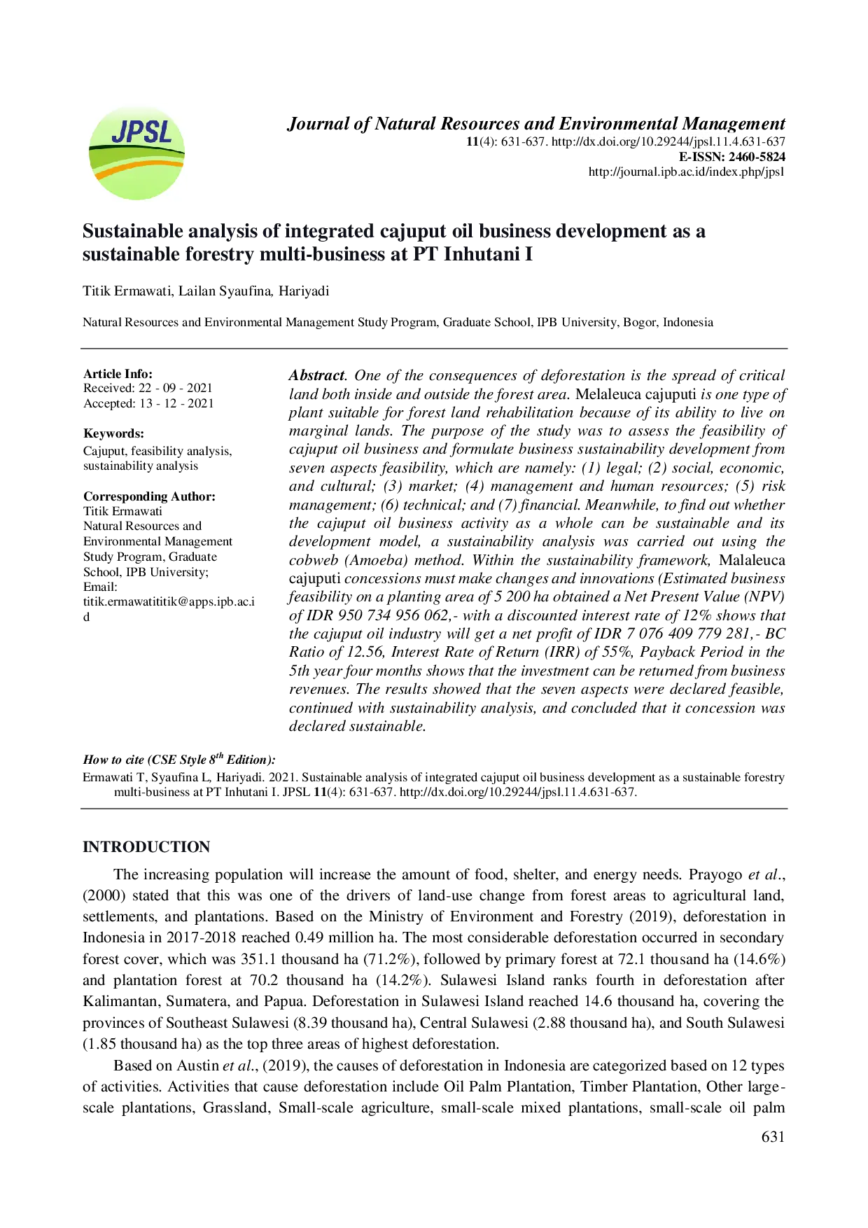 juris Sustainable analysis of integrated cajuput oil business development as a sustainable forestry multi business at PT Inhutani I