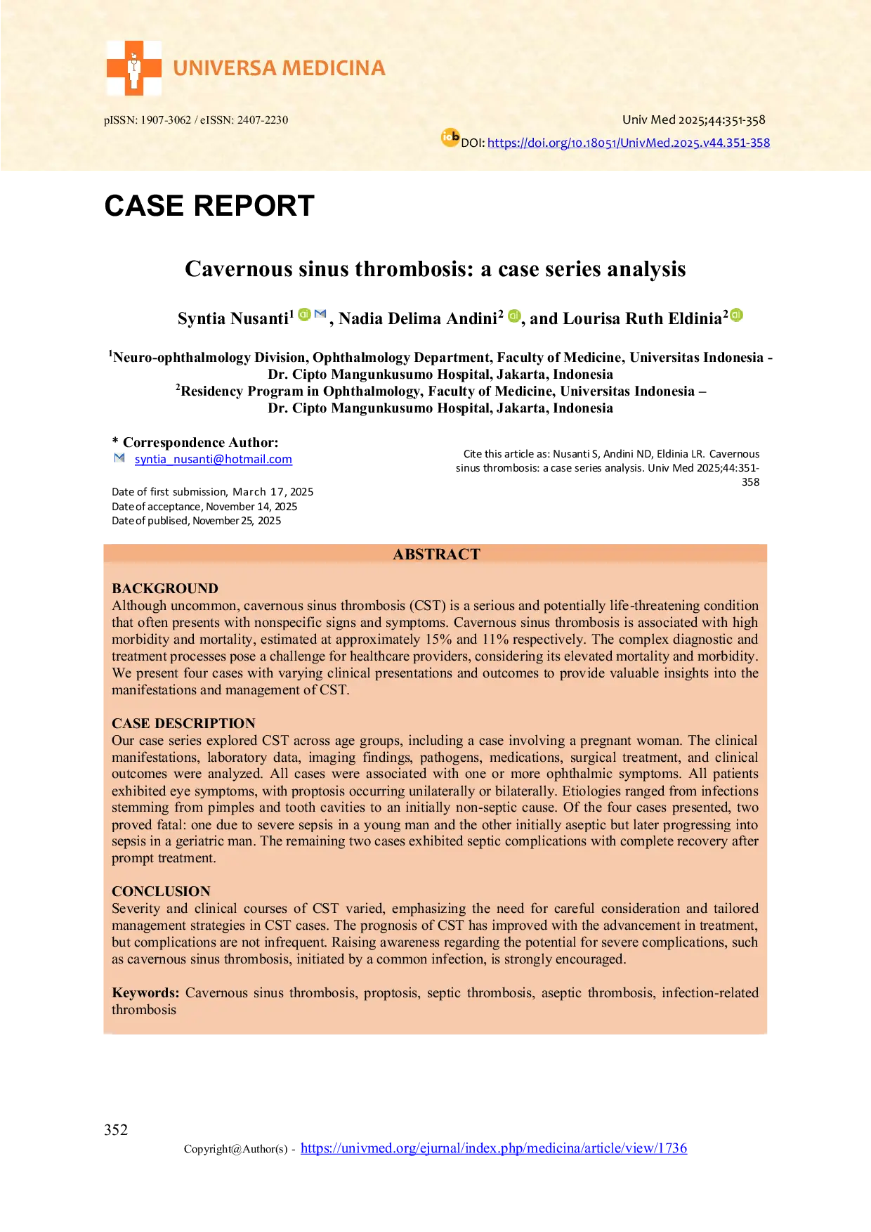 JURIS Cavernous sinus thrombosis a case series analysis