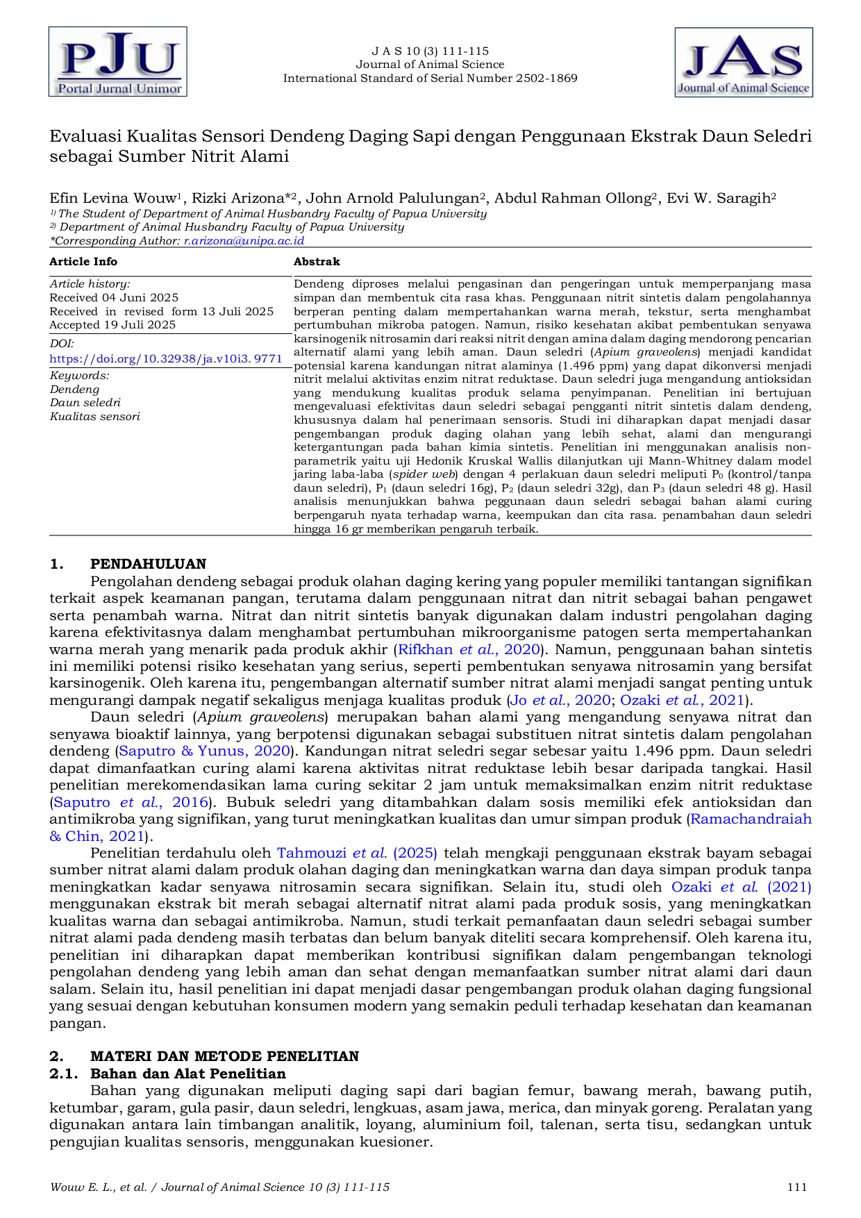 JURIS Evaluation of the Sensory Quality of Beef Jerky Using Celery Leaf Extract as a Source of Natural Nitrite