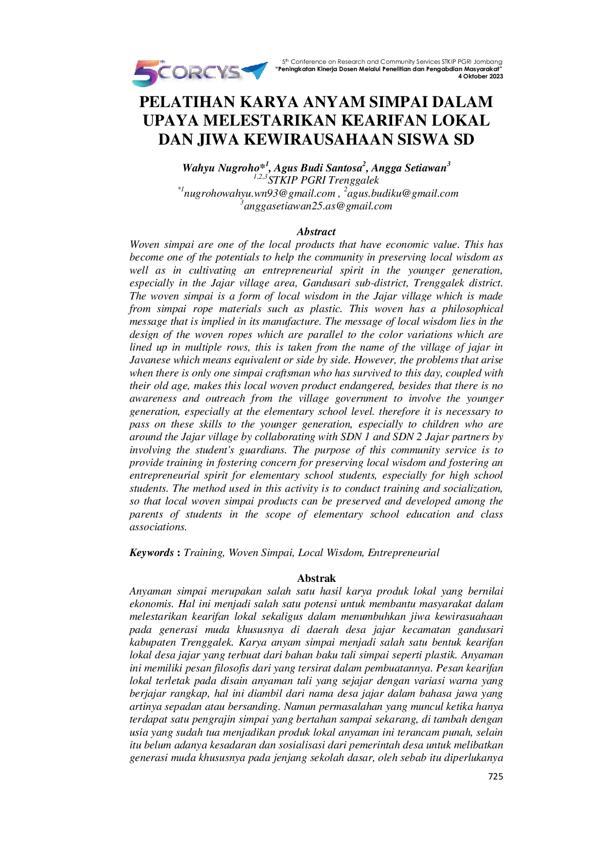 JURIS Pelatihan Karya Anyam Simpai dalam Upaya Melestarikan Kearifan Lokal dan Jiwa Kewirausahaan Siswa SD