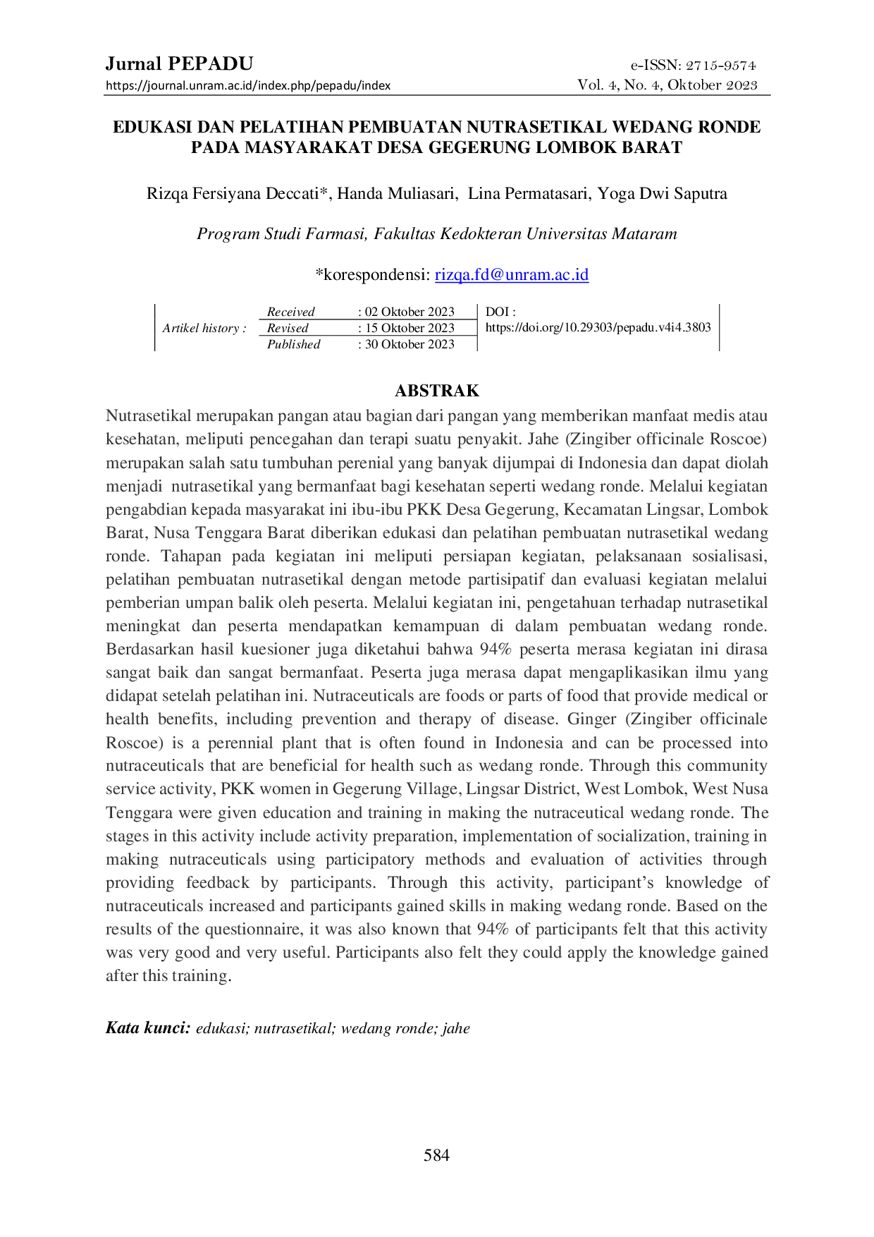 JURIS Edukasi Dan Pelatihan Pembuatan Nutrasetikal Wedang Ronde Pada Masyarakat Desa Gegerung Lombok Barat