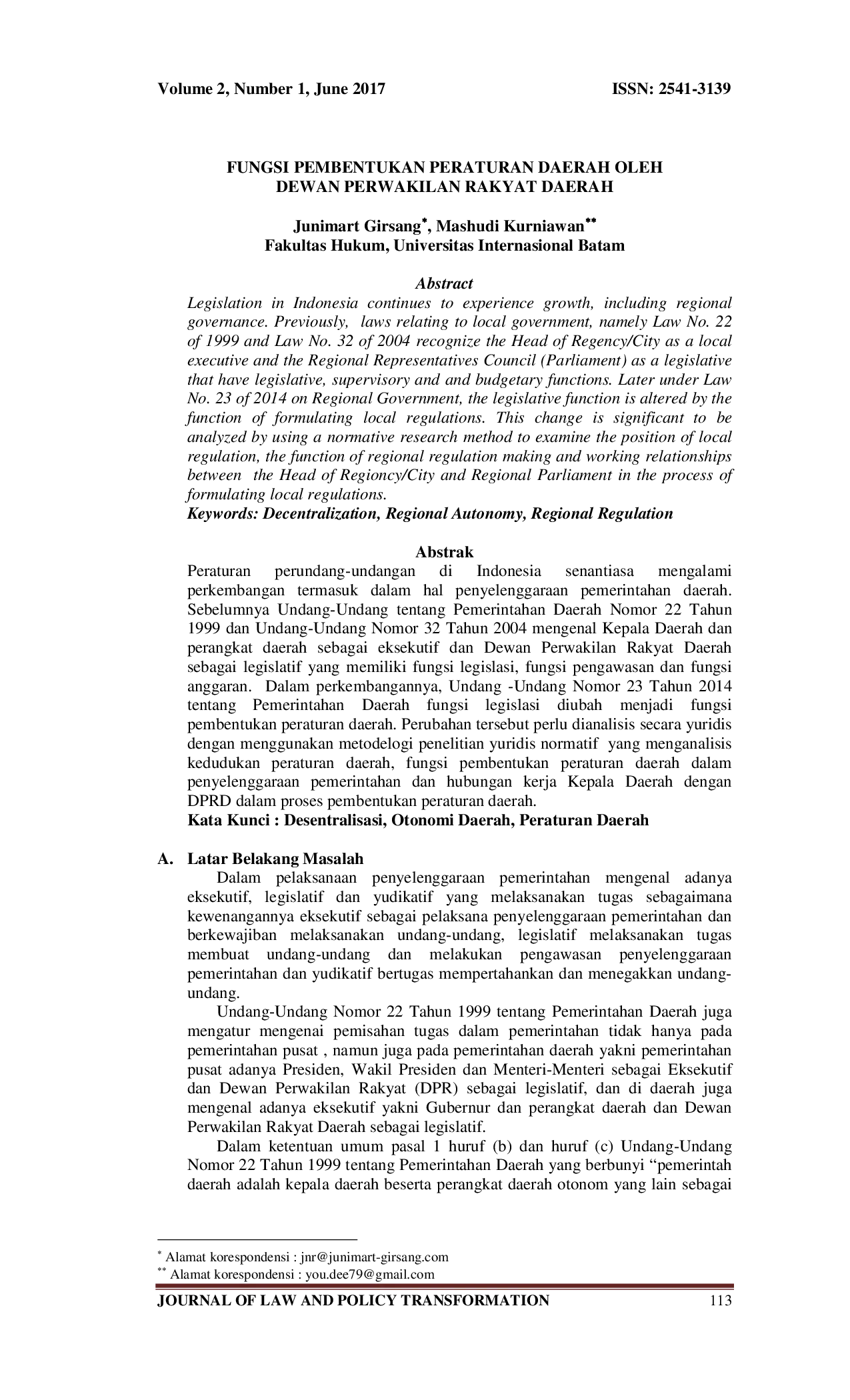 JURIS Fungsi Pembentukan Peraturan Daerah oleh Dewan Perwakilan Rakyat Daerah