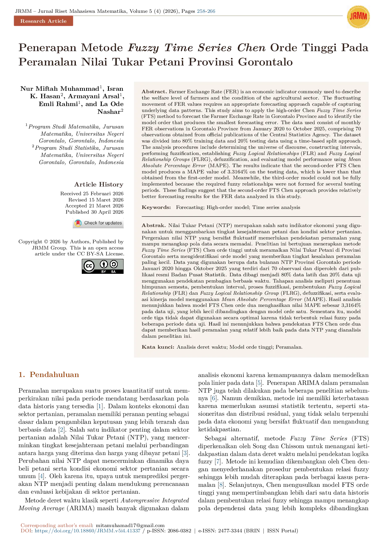 JURIS Penerapan Metode Fuzzy Time Series Chen Orde Tinggi Pada Peramalan Nilai Tukar Petani Provinsi Gorontalo