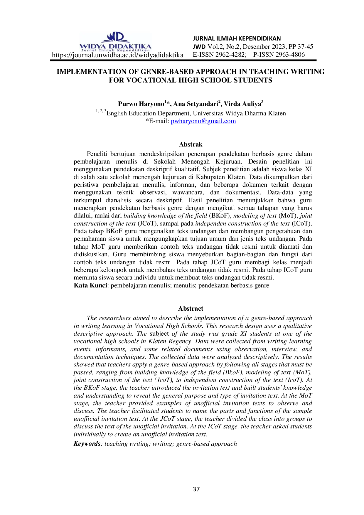 JURIS IMPLEMENTATION OF GENRE BASED APPROACH IN TEACHING WRITING FOR VOCATIONAL HIGH SCHOOL STUDENTS