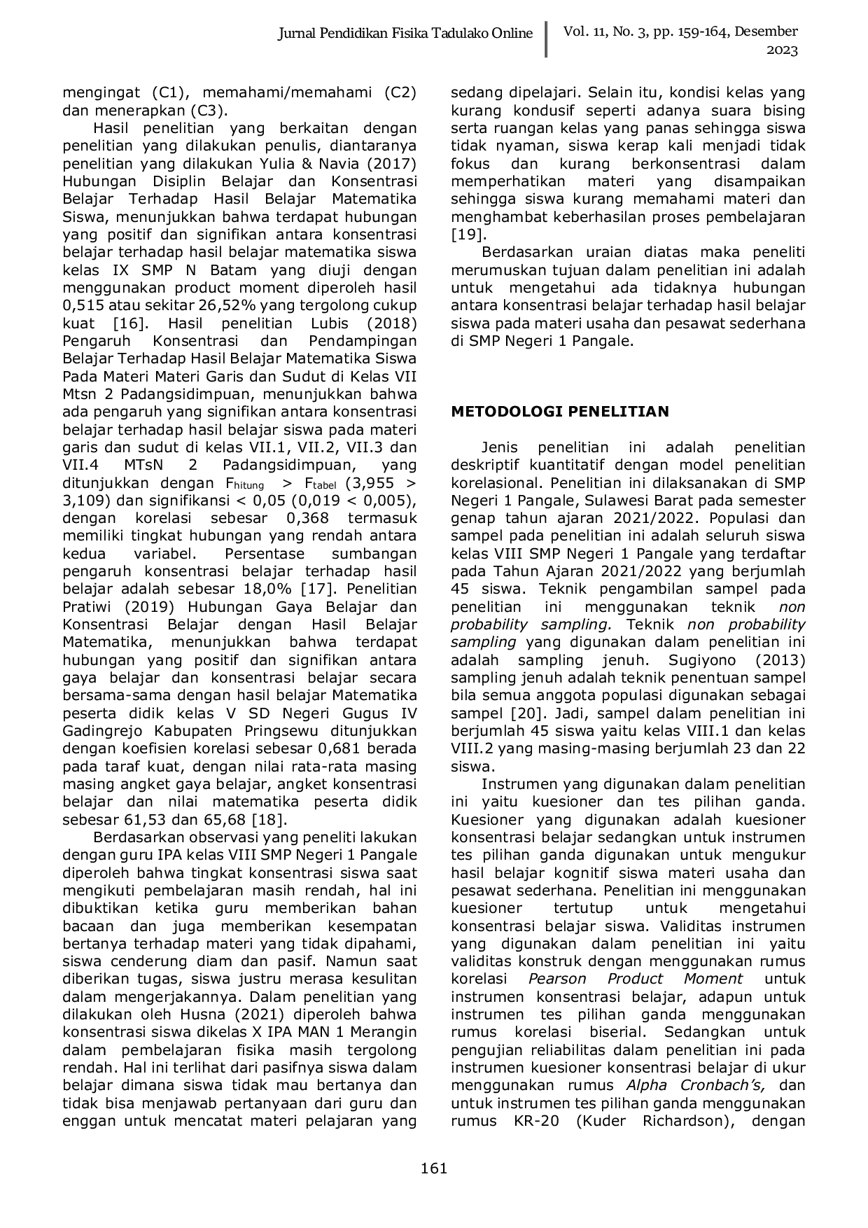 JURIS Hubungan Konsentrasi Belajar Terhadap Hasil Belajar Siswa Pada Materi Usaha Dan Pesawat Sederhana Di SMP Negeri 1 Pangale