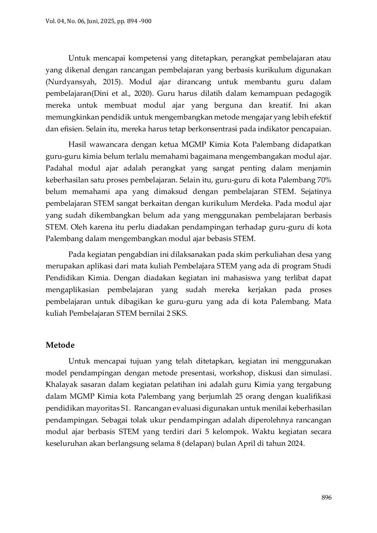 JURIS Pendampingan Pengembangan Modul Ajar Berbasis STEM bagi Guru Kimia di Kota Palembang