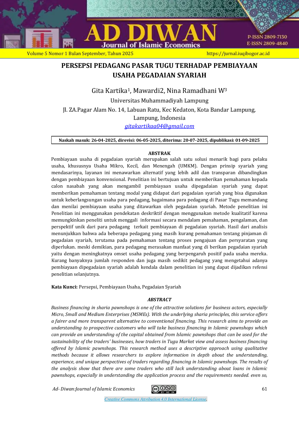 JURIS Persepsi Pedagang Pasar Tugu Terhadap Pembiayaan Usaha Pegadaian Syariah