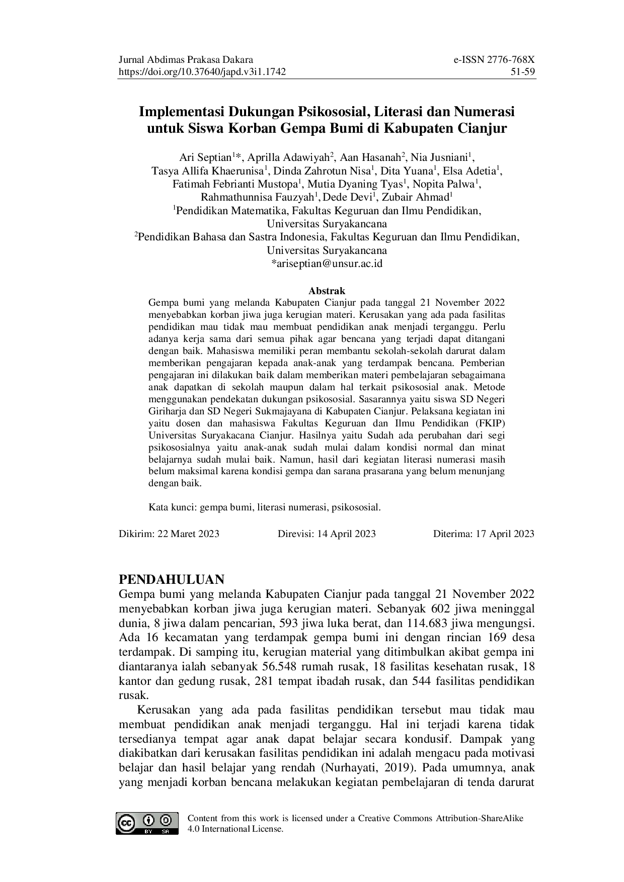 JURIS Implementasi Dukungan Psikososial Literasi dan Numerasi untuk Siswa Korban Gempa Bumi di Kabupaten Cianjur
