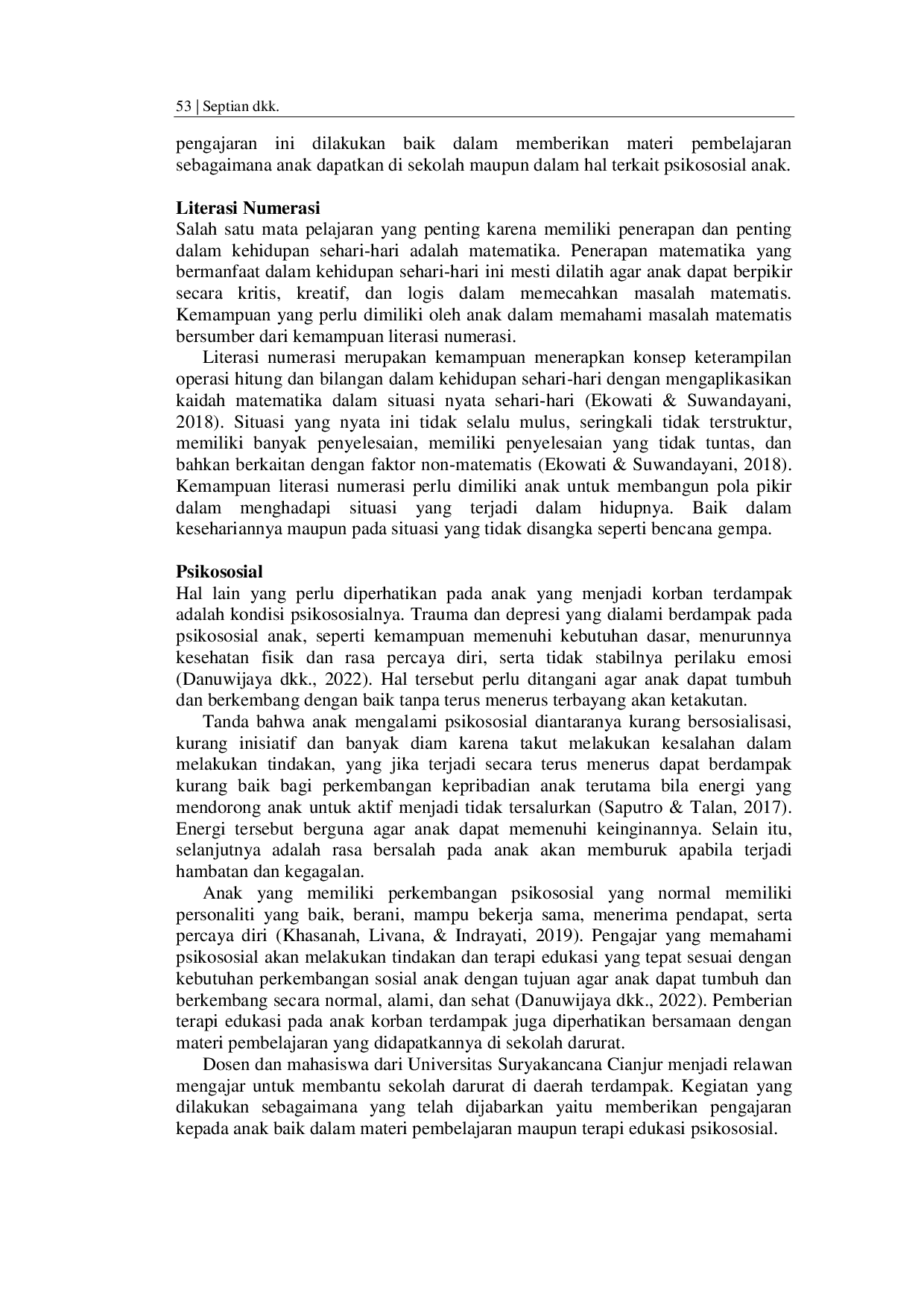 JURIS Implementasi Dukungan Psikososial Literasi dan Numerasi untuk Siswa Korban Gempa Bumi di Kabupaten Cianjur