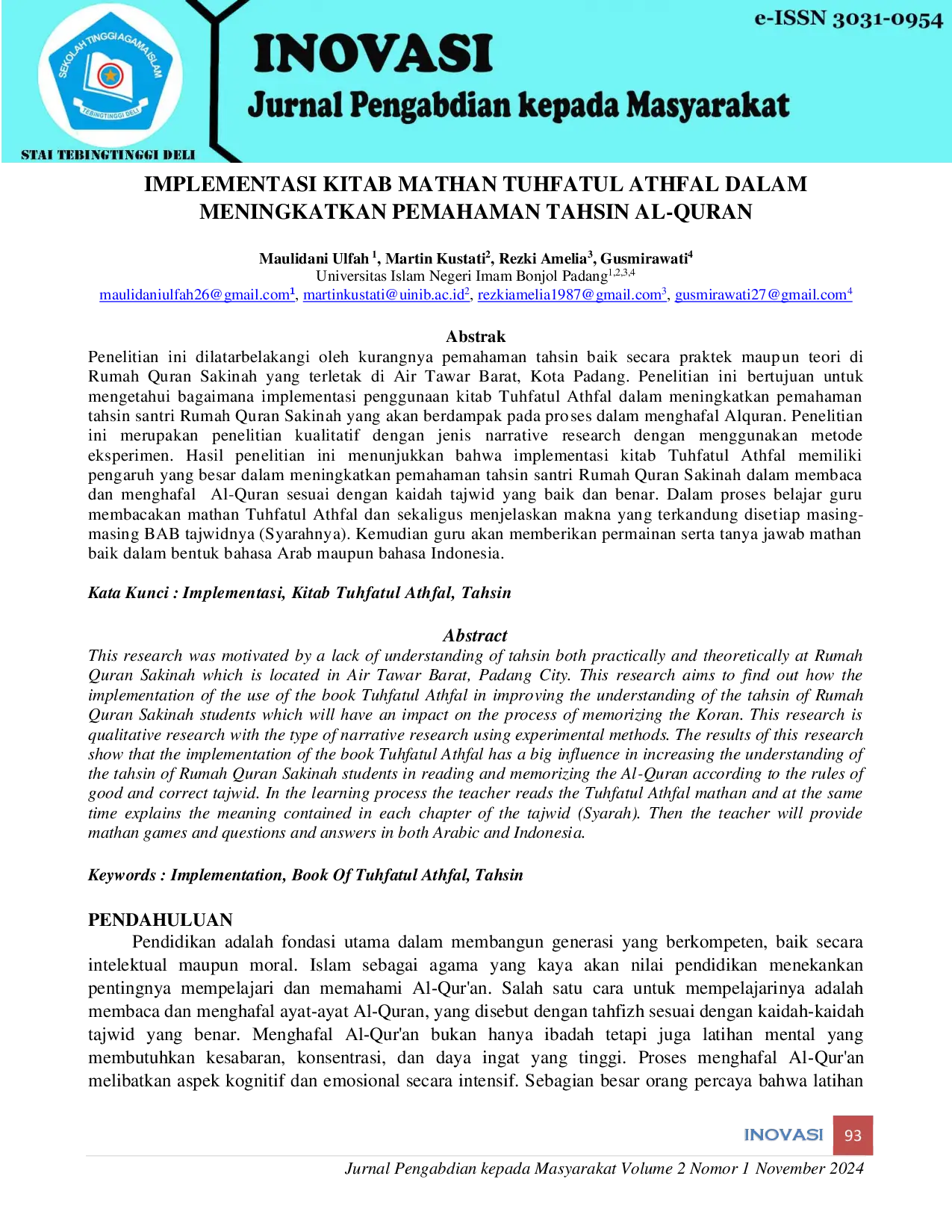 JURIS Implementasi Kitab Mathan Tuhfatul Athfal Dalam Meningkatkan Pemahaman Tahsin Al Quran