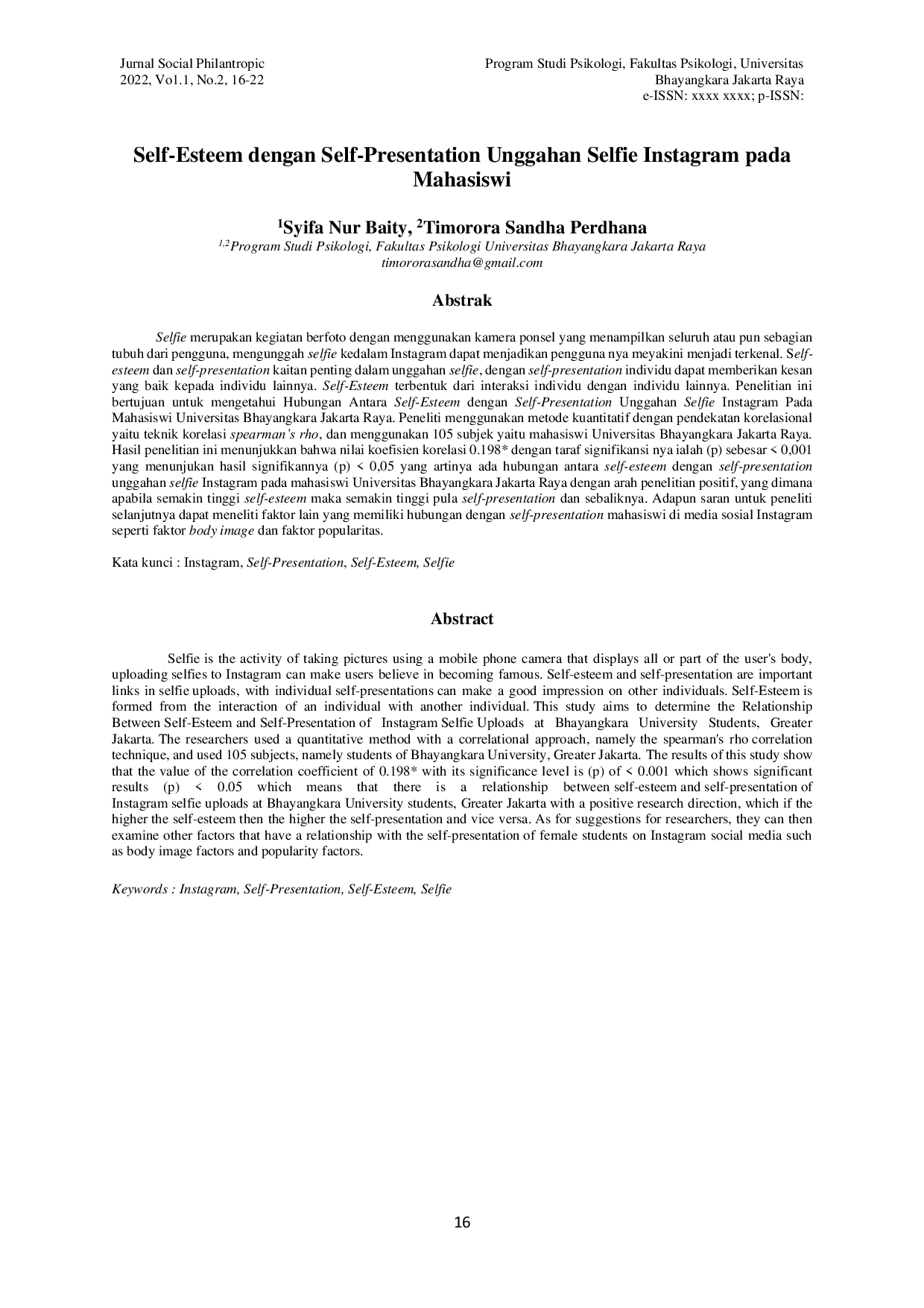 JURIS Hubungan Antara Self Esteem Dengan Self Presentation Unggahan Selfie Instagram Pada Mahasiswi