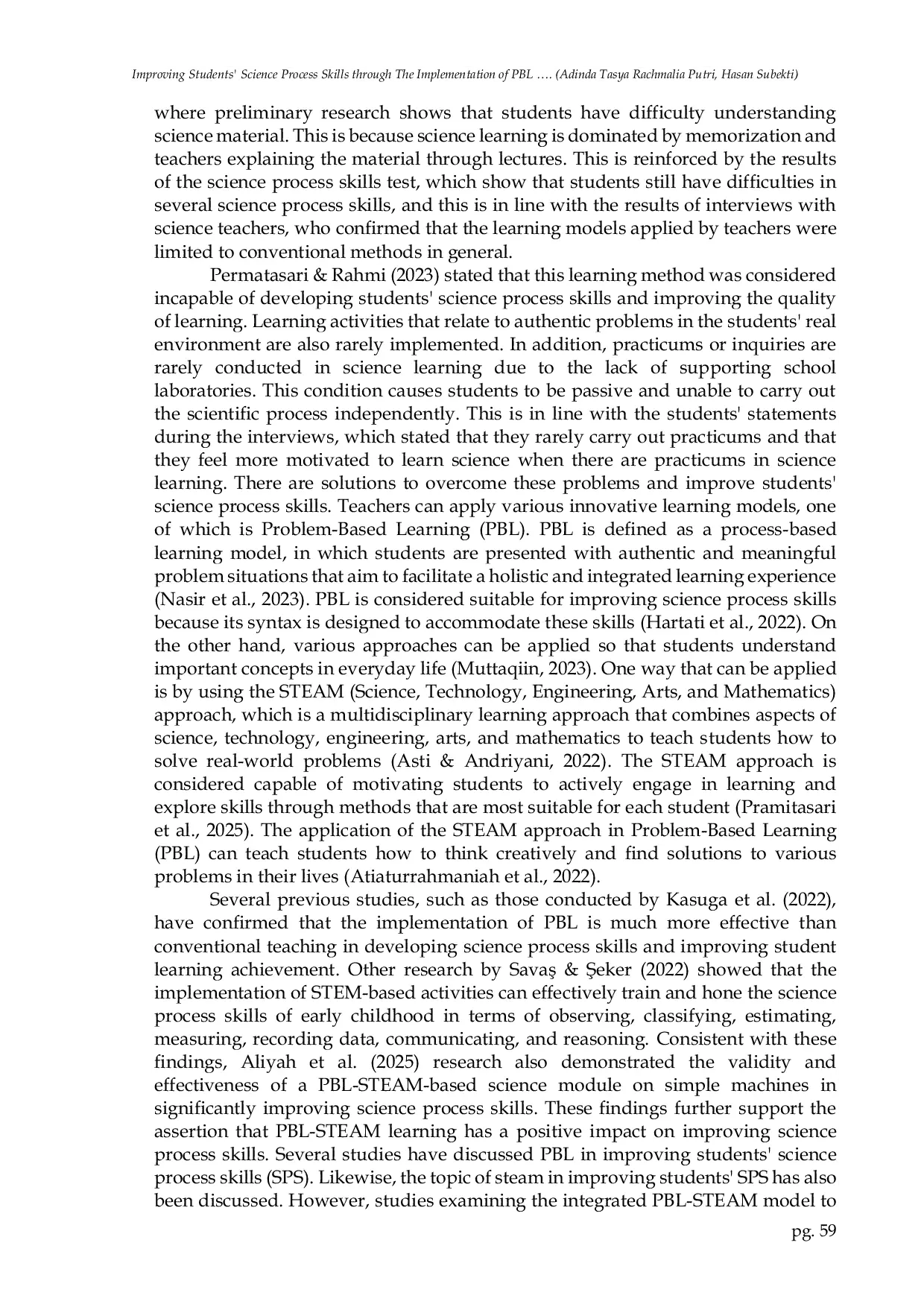 JURIS Improving Students Science Process Skills through The Implementation of PBL Integrated STEAM