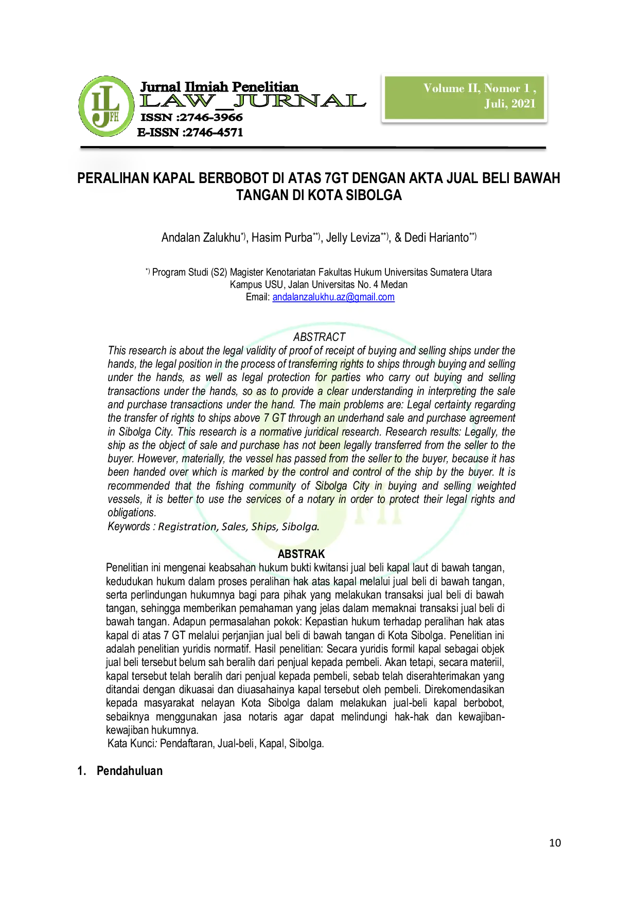 JURIS Peralihan Kapal Berbobot Di Atas 7GT Dengan Akta Jual Beli Bawah Tangan Di Kota Sibolga