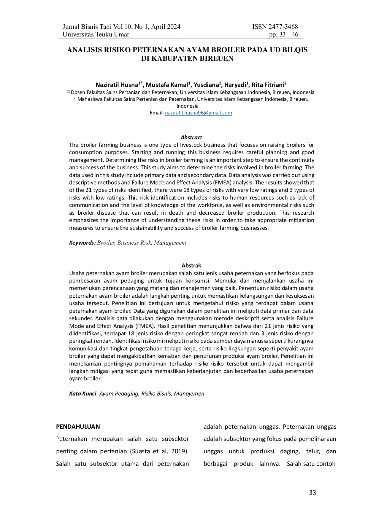 JURIS Analisis Risiko Peternakan Ayam Broiler pada UD Bilqis di Kabupaten Bireuen