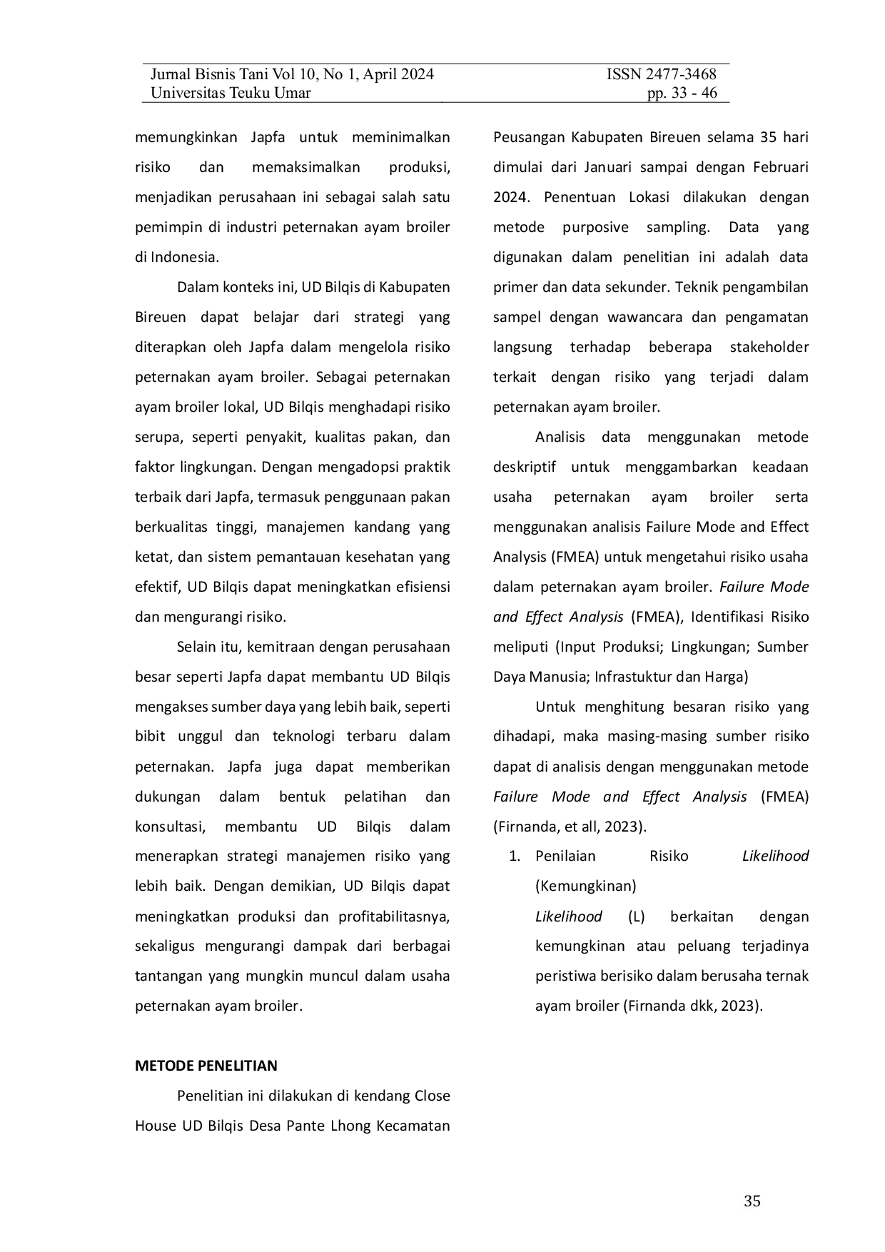 JURIS Analisis Risiko Peternakan Ayam Broiler pada UD Bilqis di Kabupaten Bireuen