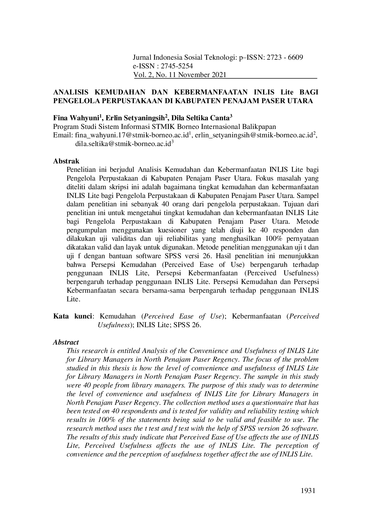 JURIS Analisis Kemudahan dan Kebermanfaatan Inlis Lite Bagi Pengelola Perpustakaan di Kabupaten Penajam Paser Utara