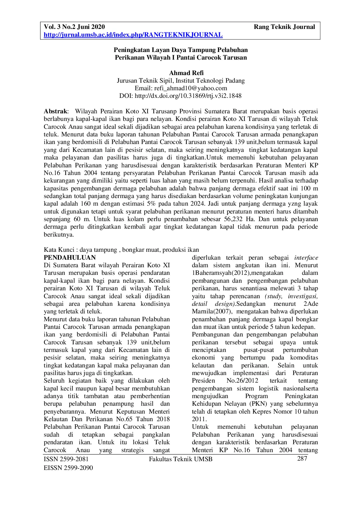 JURIS Peningkatan Daya Tampung Pelabuhan Perikanan Wilayah I Pantai Carocok Tarusan