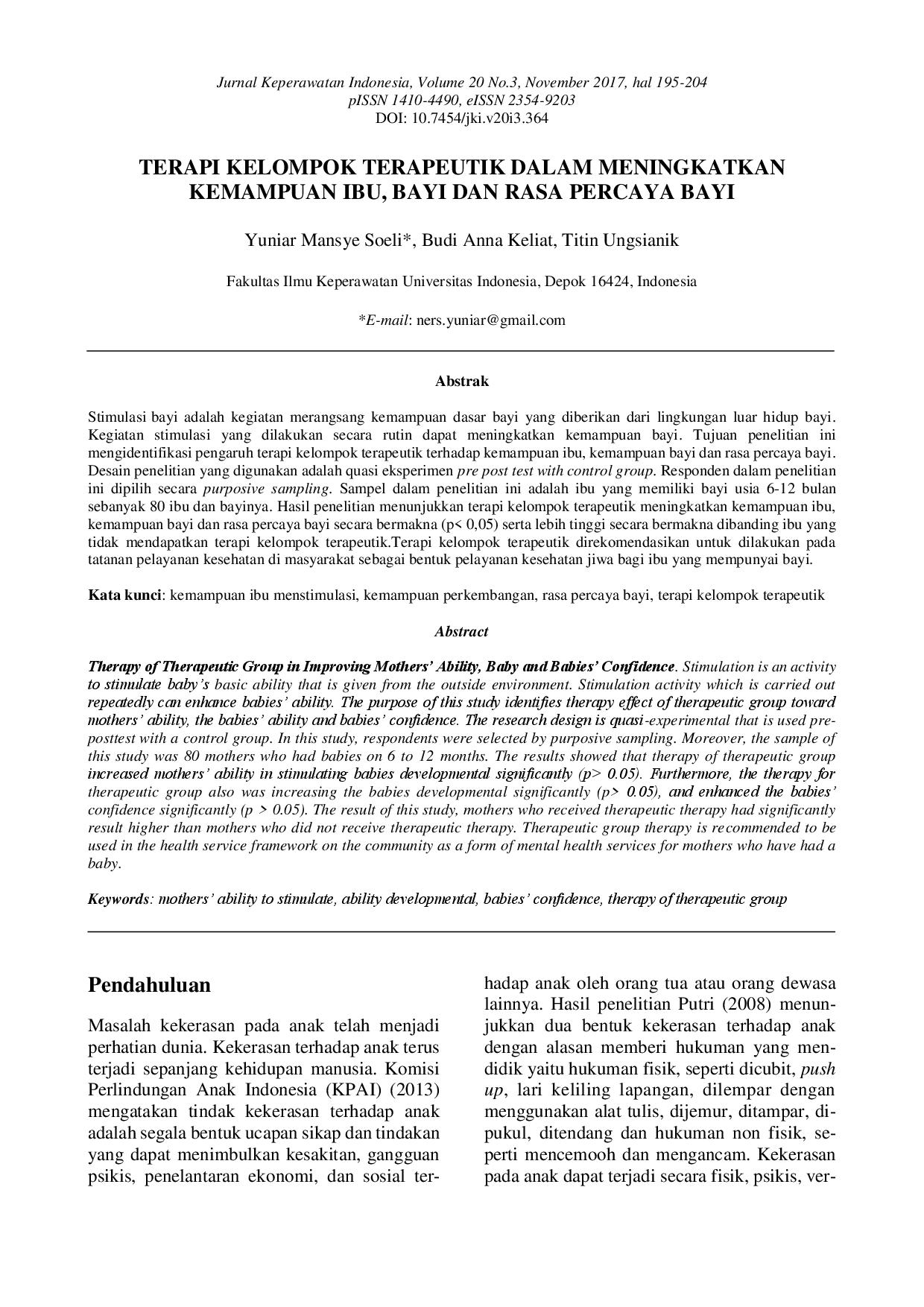 juris Terapi Kelompok Terapeutik dalam Meningkatkan Kemampuan Ibu Bayi dan Rasa Percaya Bayi