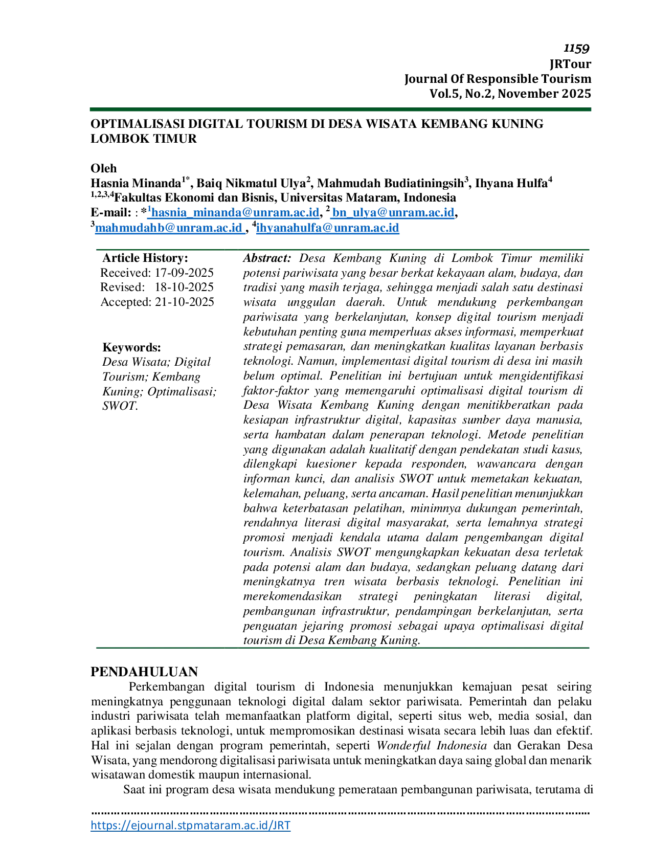 JURIS Optimalisasi Digital Tourism Di Desa Wisata Kembang Kuning Lombok Timur