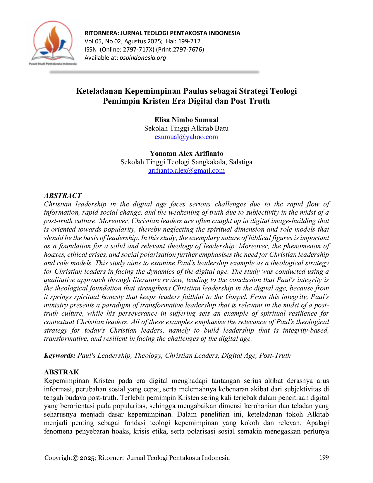 JURIS Keteladanan Kepemimpinan Paulus sebagai Strategi Teologi Pemimpin Kristen Era Digital dan Post Truth