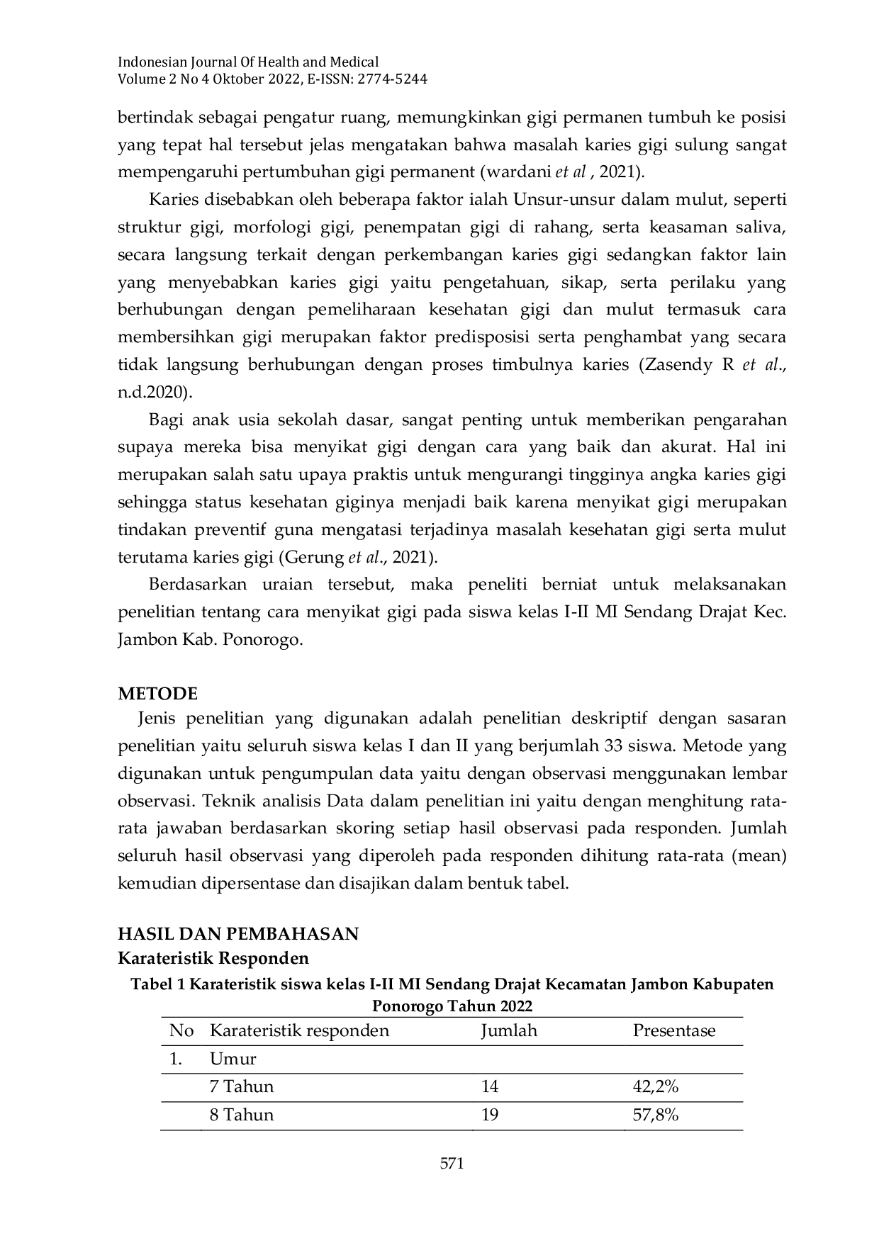 JURIS Cara Menyikat Gigi Pada Siswa Kelas I II MI Sendang Drajat Kecamatan Jambon Kabupaten Ponorogo Tahun 2022