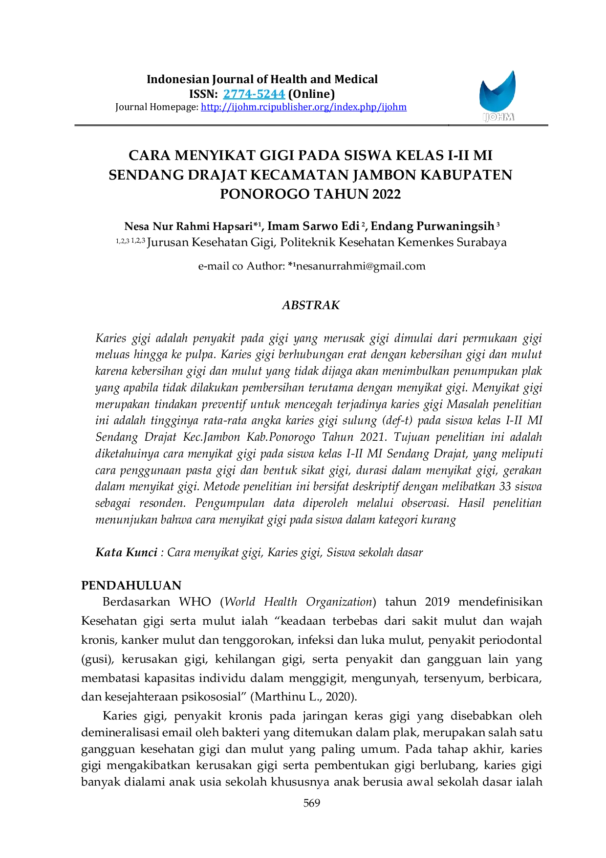 JURIS Cara Menyikat Gigi Pada Siswa Kelas I II MI Sendang Drajat Kecamatan Jambon Kabupaten Ponorogo Tahun 2022