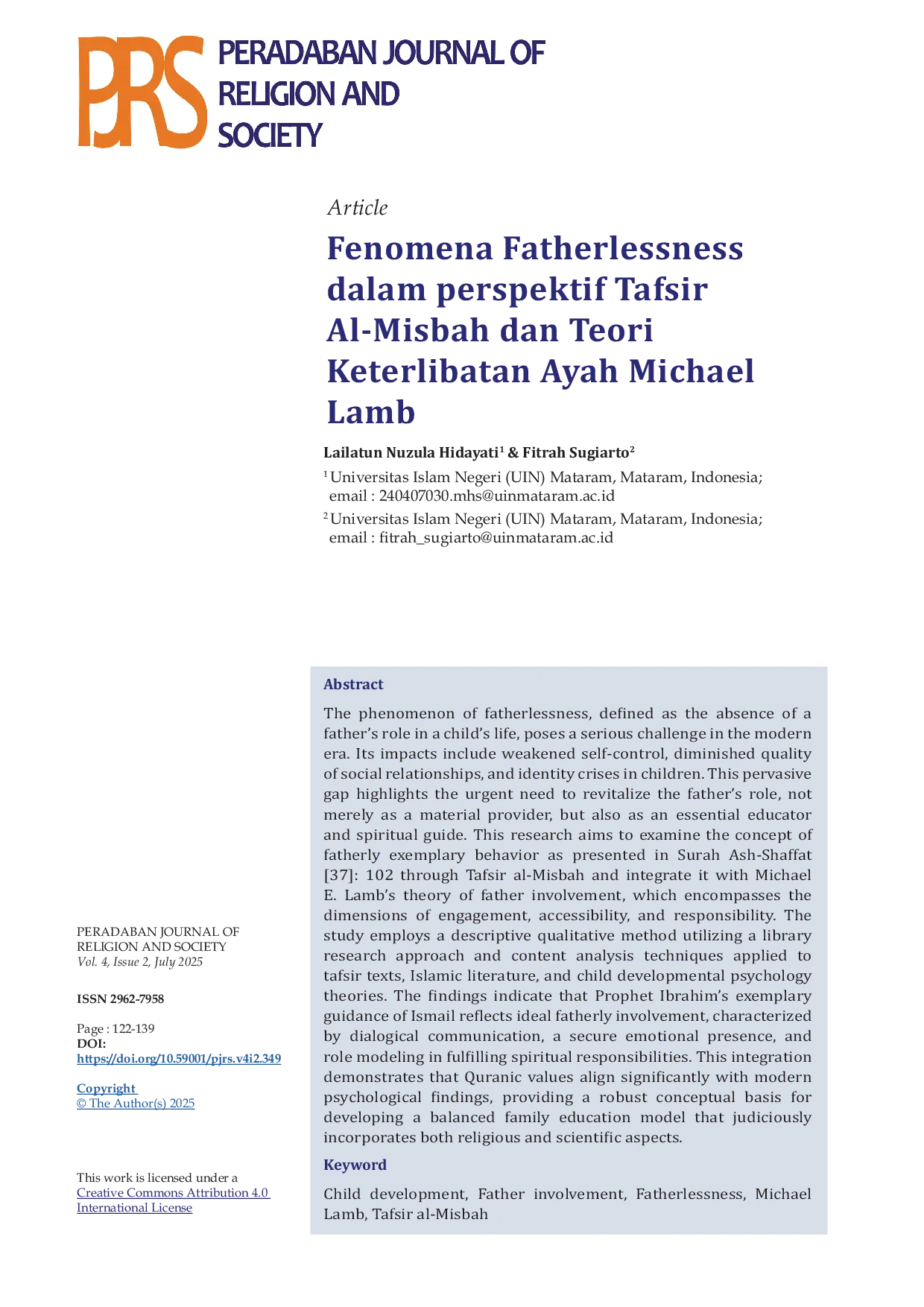 JURIS Fenomena Fatherlessness dalam Perspektif Tafsir Al Misbah dan Teori Keterlibatan Ayah Michael Lamb