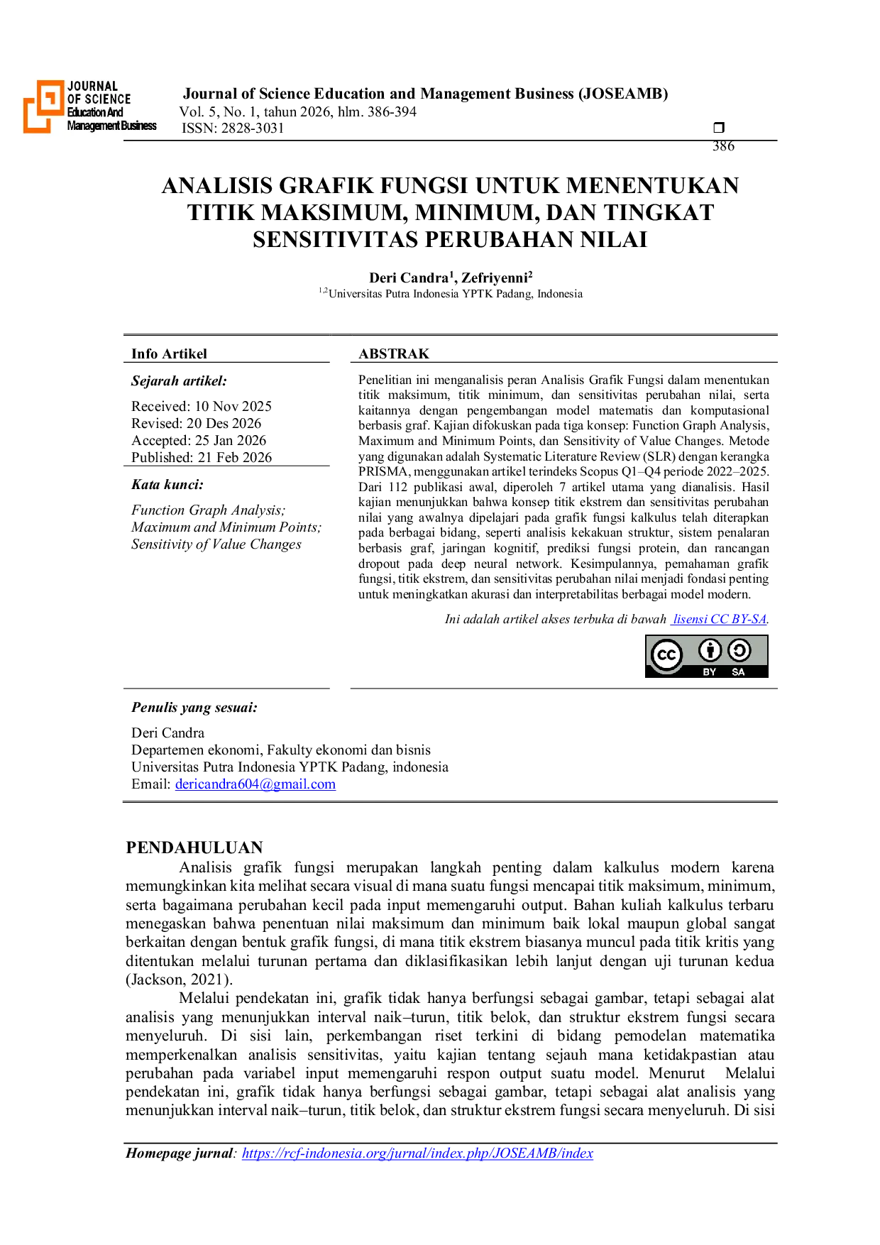 JURIS Analisis Grafik Fungsi untuk Menentukan Titik Maksimum Minimum dan Tingkat Sensitivitas Perubahan Nilai