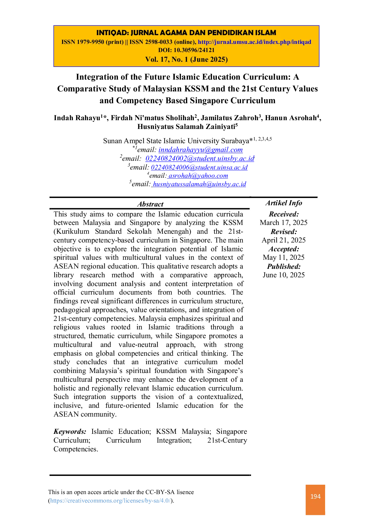 JURIS Integration of the Future Islamic Education Curriculum A Comparative Study of Malaysian KSSM and the 21st Century Values and Competency Based Singapore Curriculum