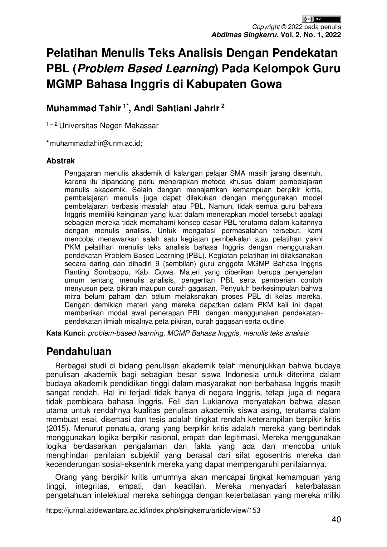 JURIS Pelatihan Menulis Teks Analisis Dengan Pendekatan PBL Problem Based Learning Pada Kelompok Guru MGMP Bahasa Inggris di Kabupaten Gowa