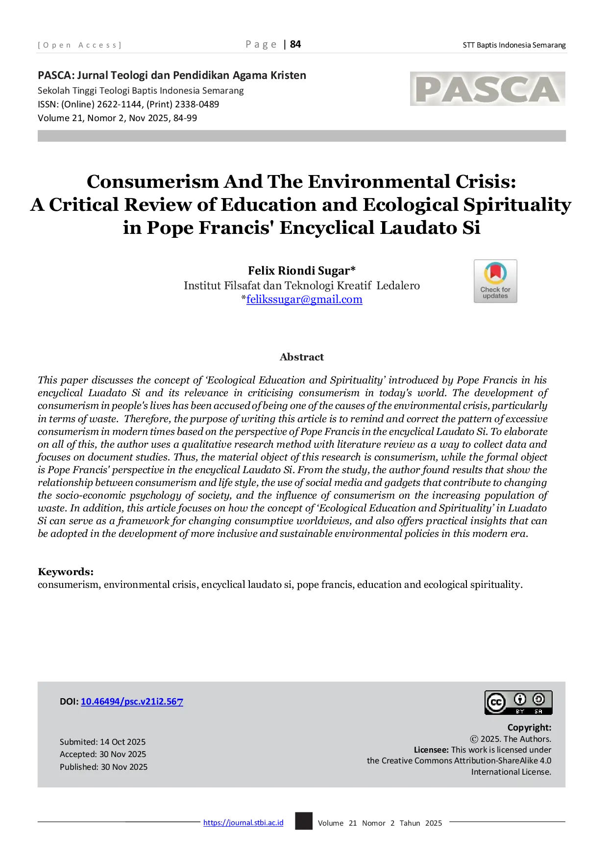 JURIS Consumerism And The Environmental Crisis A Critical Review of Education and Ecological Spirituality in Pope Francis Encyclical Laudato Si