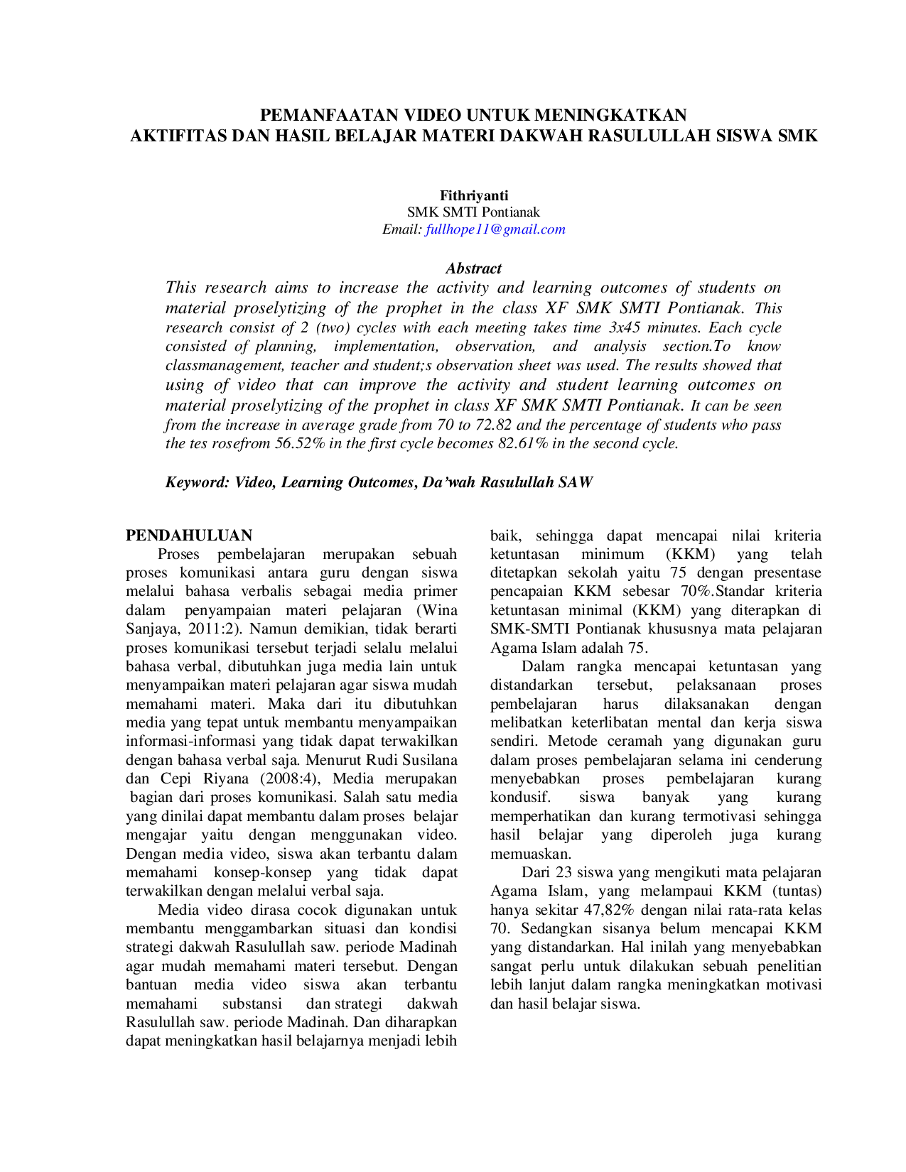 juris Pemanfaatan Video Untuk Meningkatkan Aktivitas Dan Hasil Belajar Materi Dakwah Rasulullah Siswa SMK