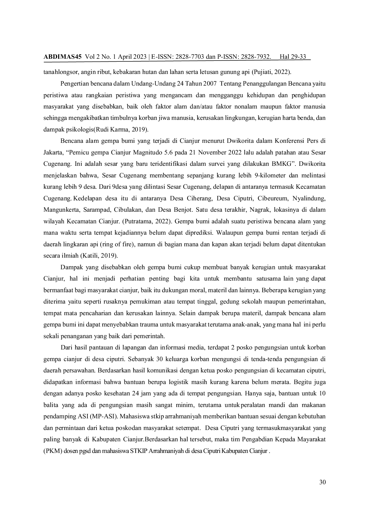 JURIS Pemberian Bantuan Korban Bencana Gempa Bumi Di Kecamatan Ciputri Kabupaten Cianjur