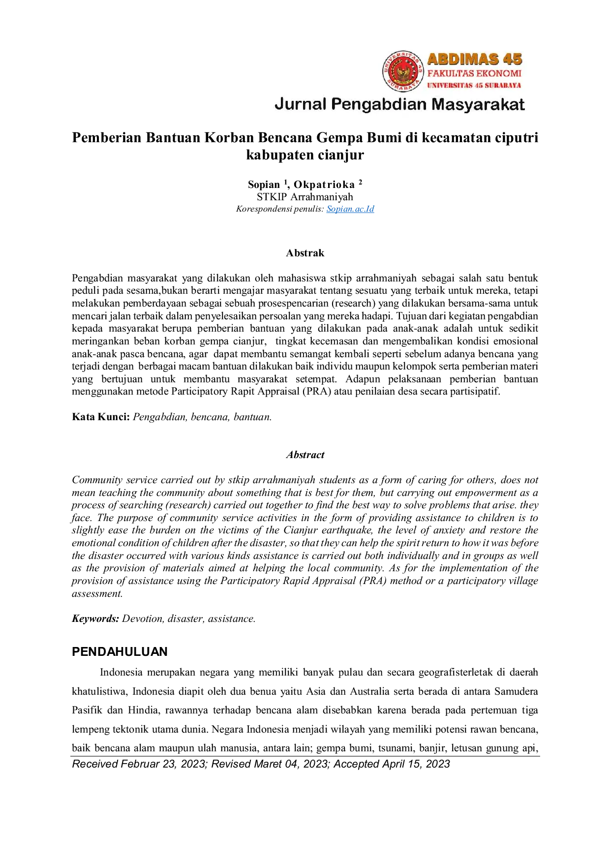 JURIS Pemberian Bantuan Korban Bencana Gempa Bumi Di Kecamatan Ciputri Kabupaten Cianjur