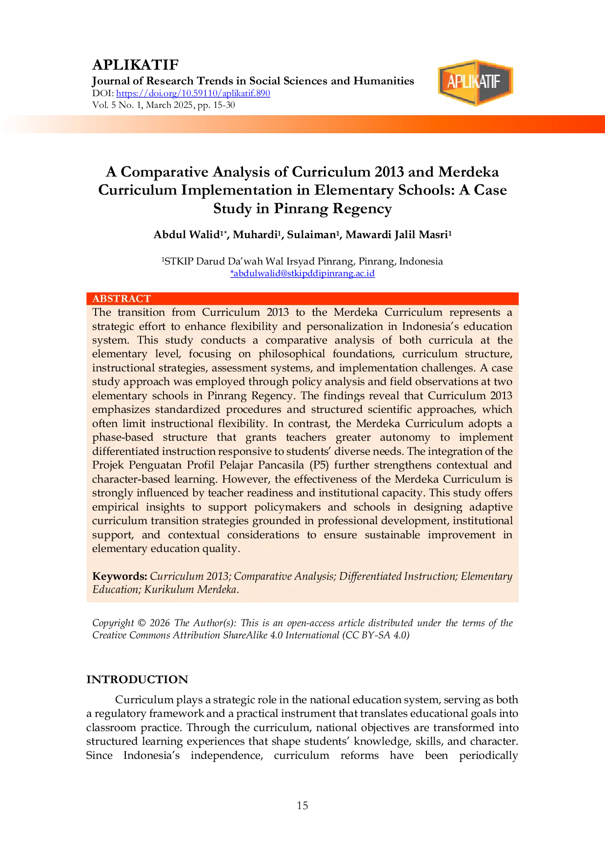 JURIS A Comparative Analysis of Curriculum 2013 and Merdeka Curriculum Implementation in Elementary Schools A Case Study in Pinrang Regency