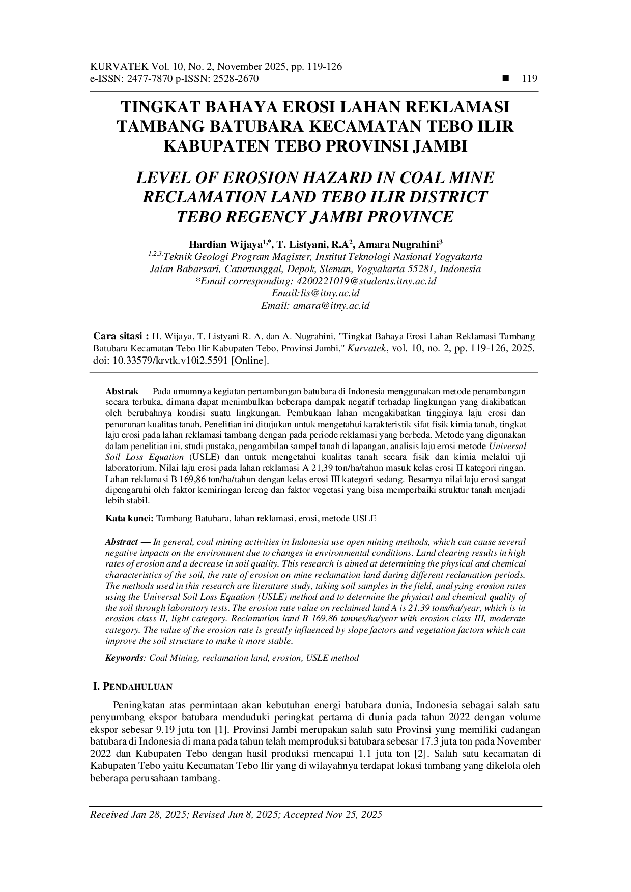 JURIS Tingkat Bahaya Erosi Lahan Reklamasi Tambang Batubara Kecamatan Tebo Ilir Kabupaten Tebo Provinsi Jambi