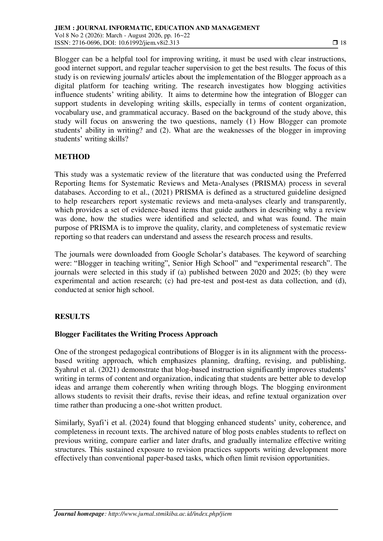 JURIS A Review on Teaching Writing by Applying Bloggers Application