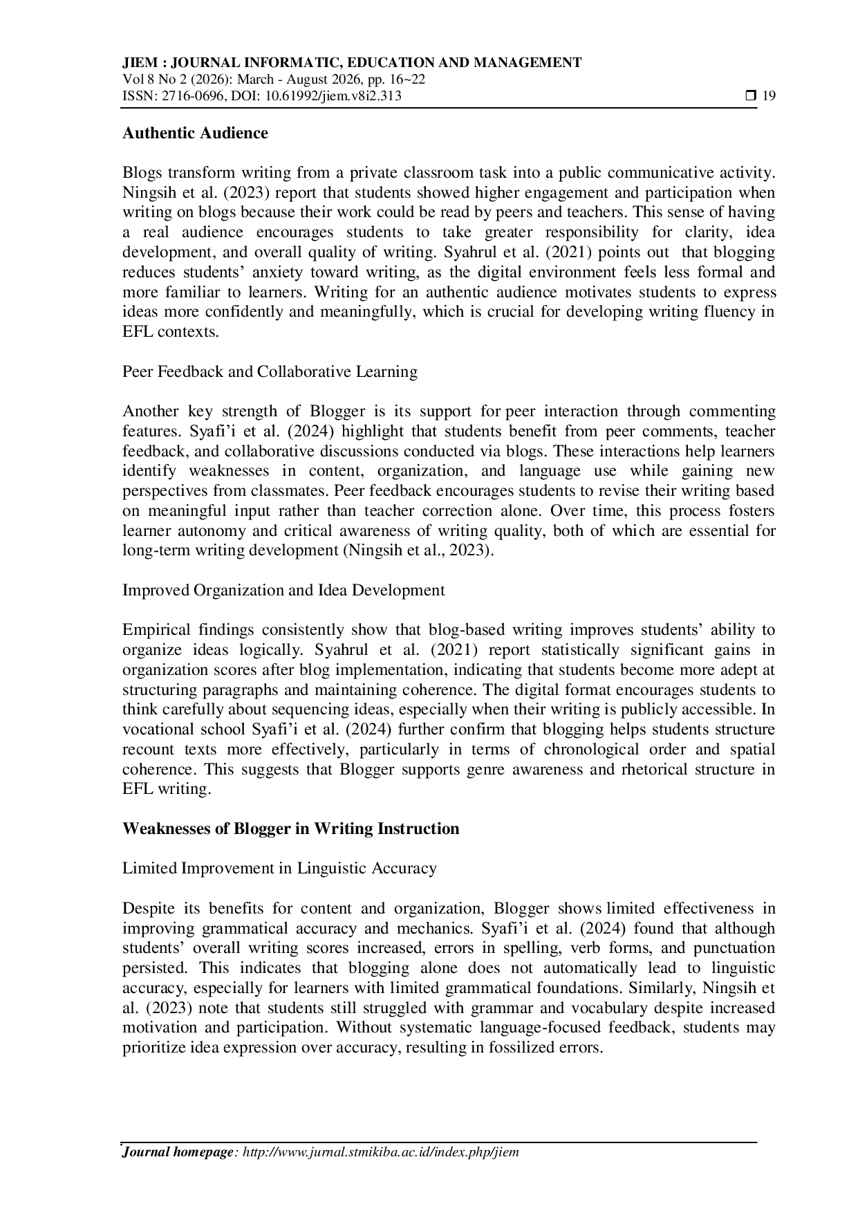 JURIS A Review on Teaching Writing by Applying Bloggers Application