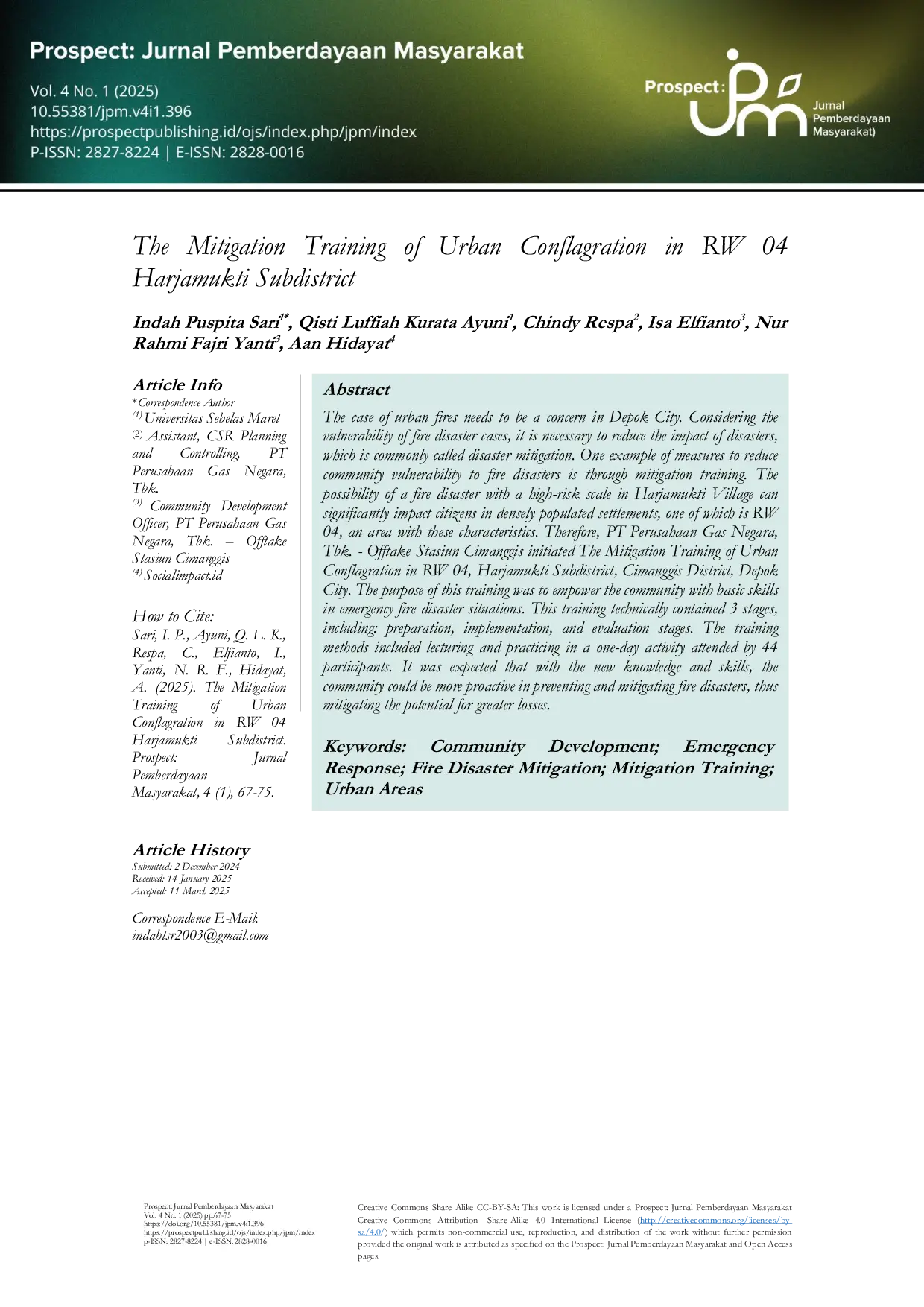 JURIS The Mitigation Training of Urban Conflagration in RW 04 Harjamukti Subdistrict