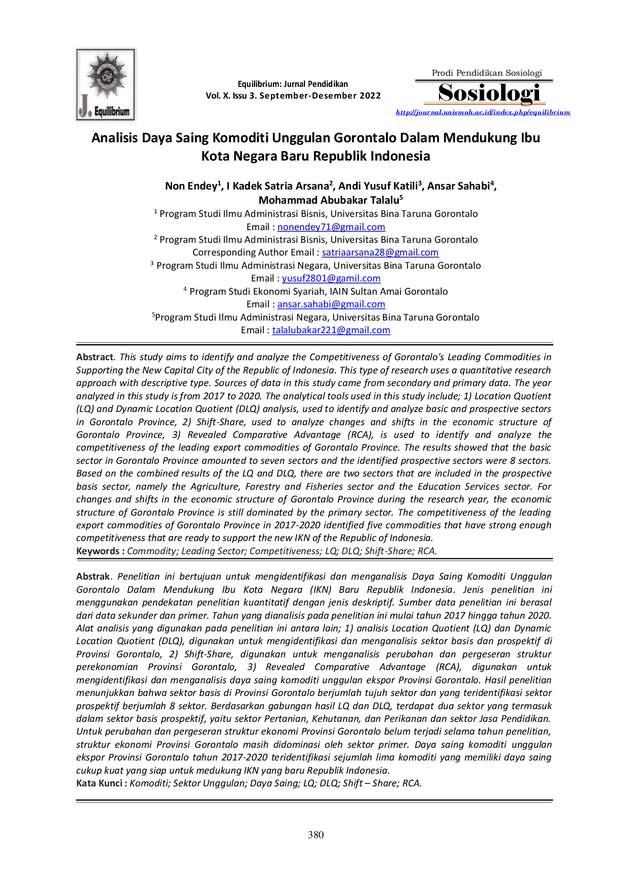 JURIS Analisis Daya Saing Komoditi Unggulan Gorontalo Dalam Mendukung Ibu Kota Negara Baru Republik Indonesia