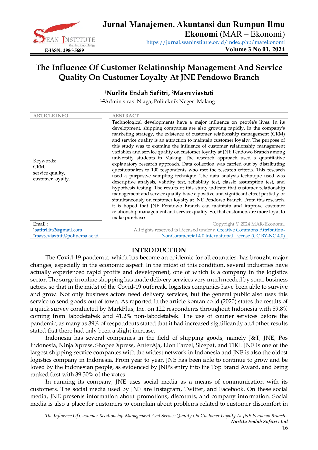 JURIS Pengaruh Manajemen Hubungan Pelanggan dan Kualitas Layanan terhadap Loyalitas Pelanggan di Cabang JNE Pendowo