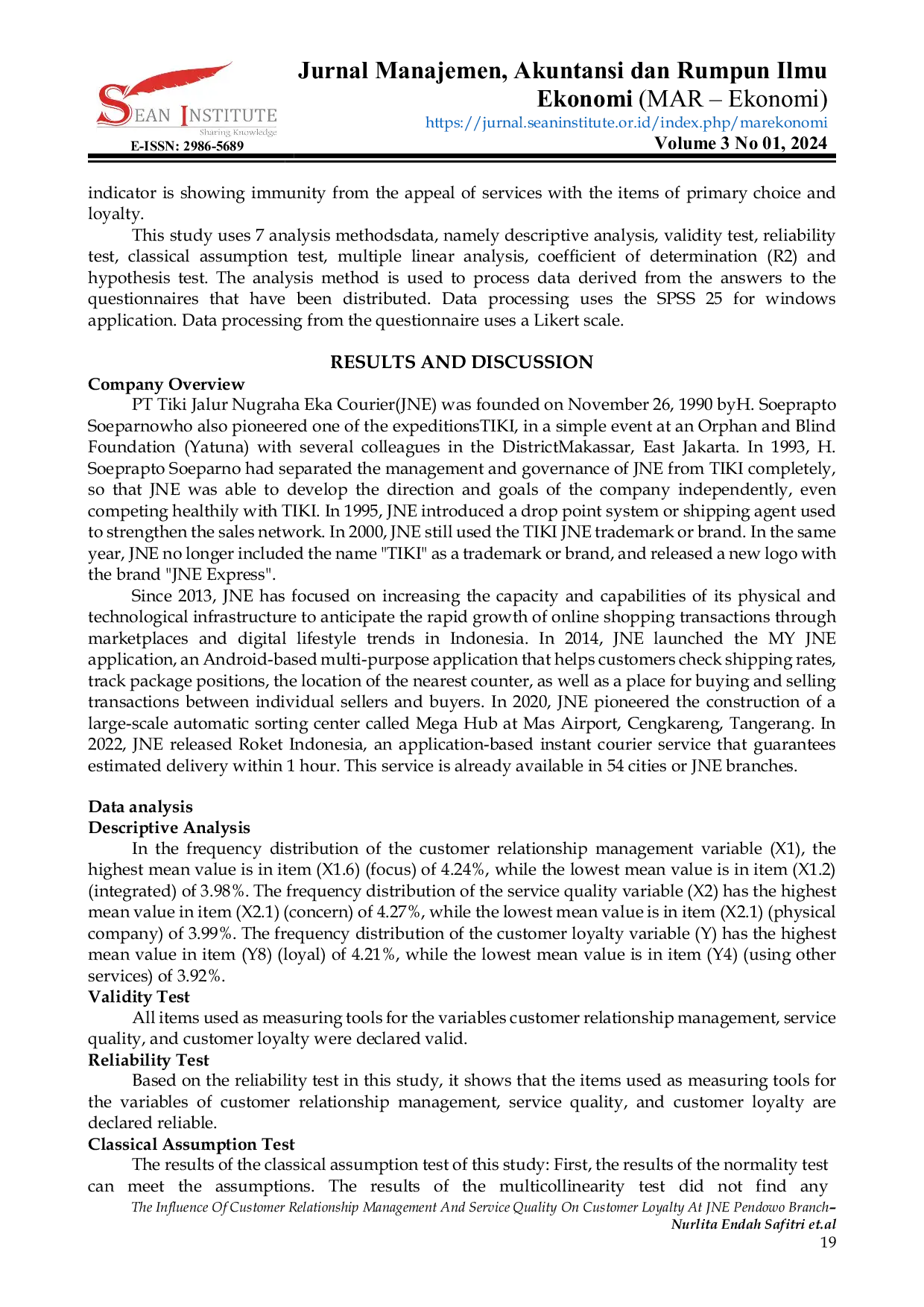 JURIS Pengaruh Manajemen Hubungan Pelanggan dan Kualitas Layanan terhadap Loyalitas Pelanggan di Cabang JNE Pendowo