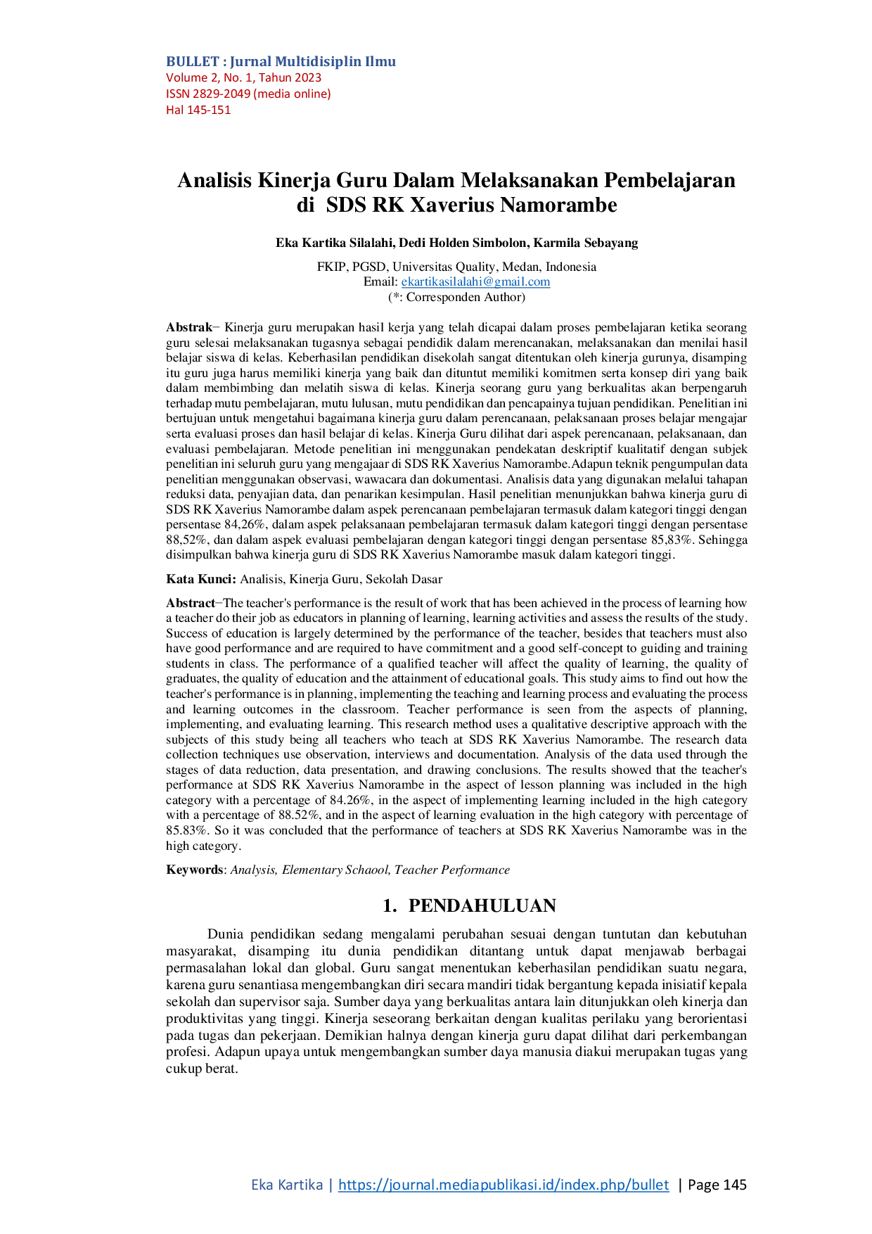 JURIS Analisis Kinerja Guru Dalam Melaksanakan Pembelajaran di SDS RK Xaverius Namorambe
