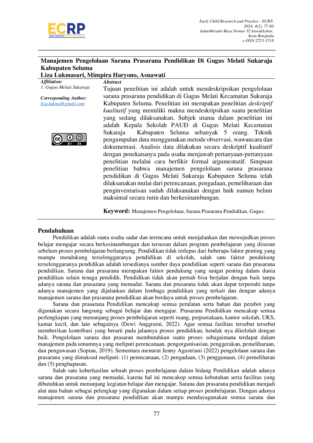 JURIS Manajemen Pengelolaan Sarana Prasarana Pendidikan Di Gugus Melati Sukaraja Kabupaten Seluma
