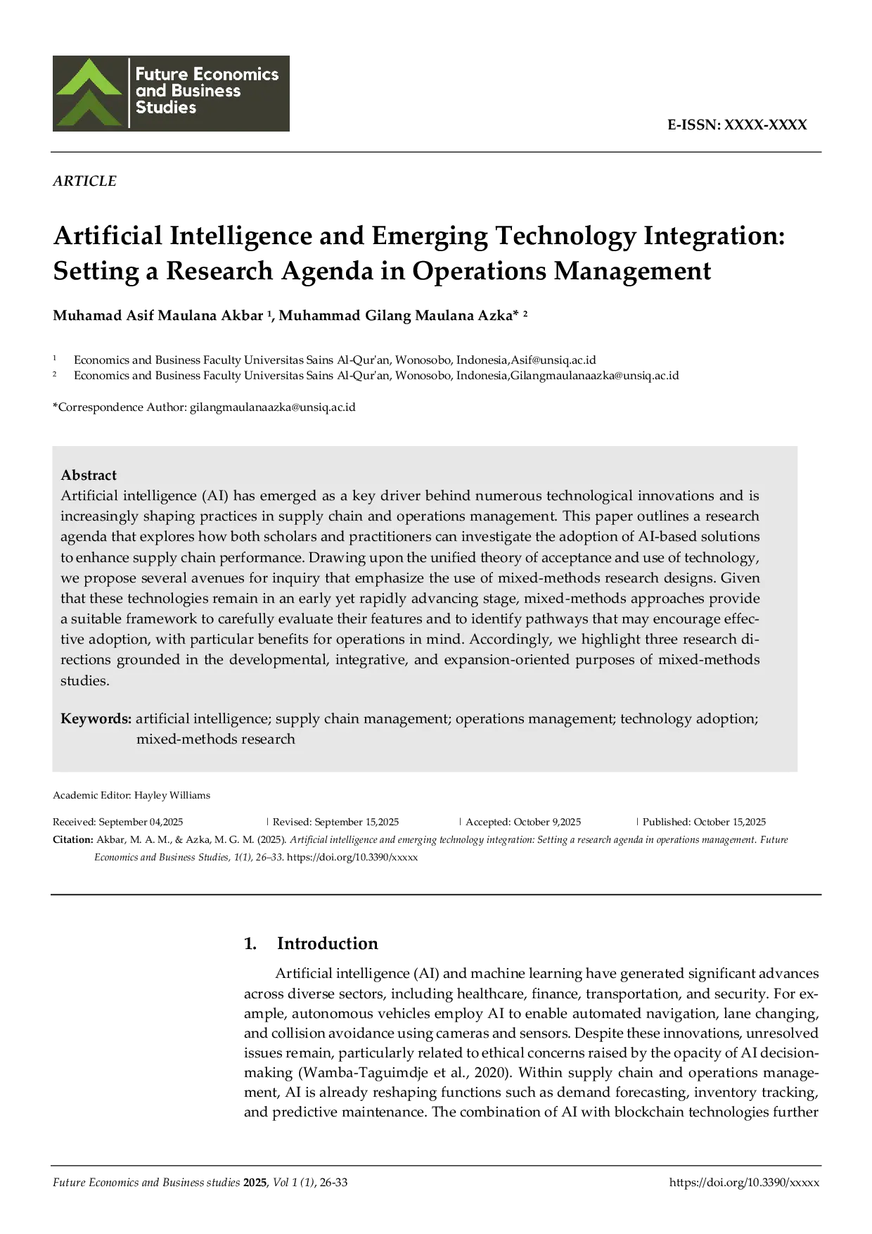 JURIS Artificial Intelligence and Emerging Technology Integration Setting a Research Agenda in Operations Management