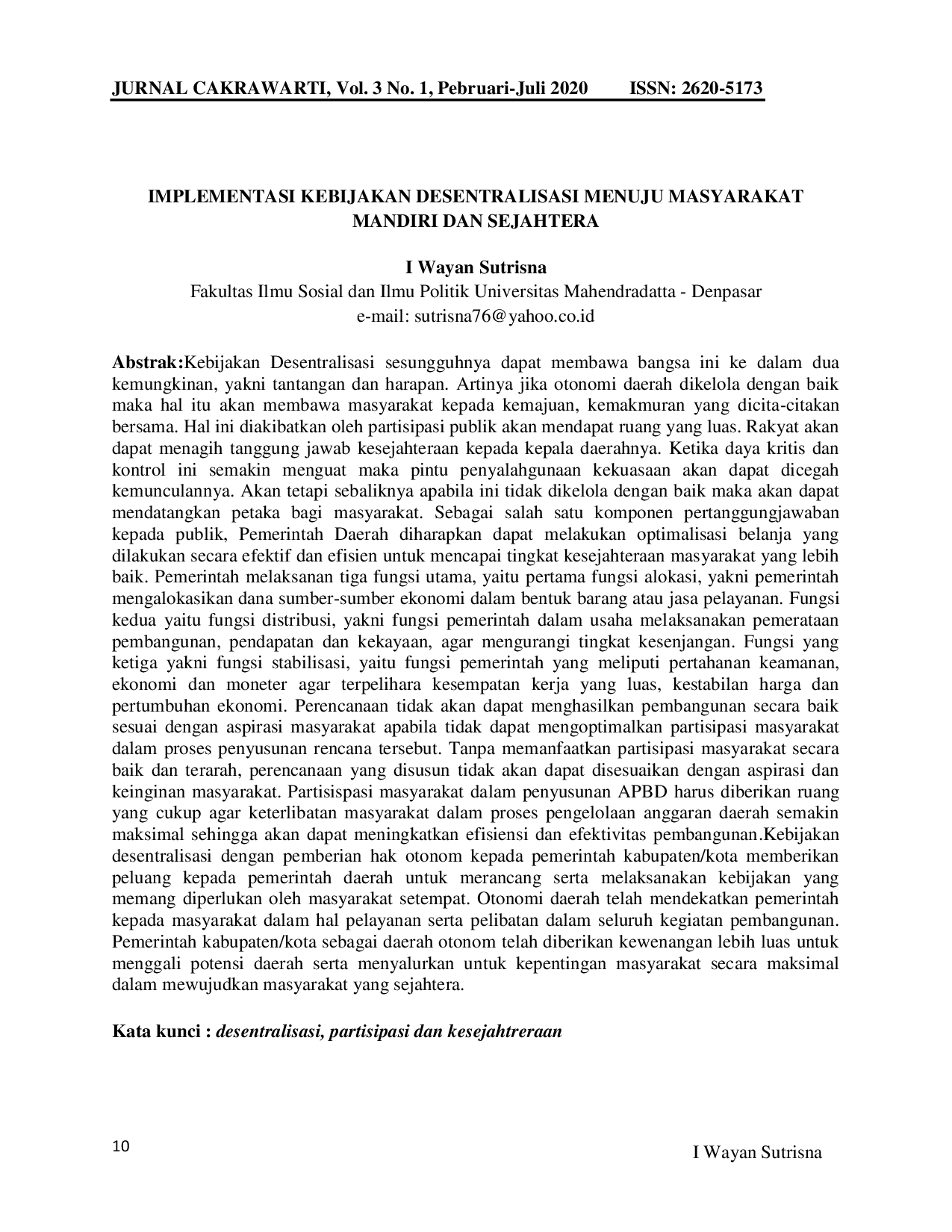 JURIS Implementasi Kebijakan Desentralisasi Menuju Masyarakat Mandiri dan Sejahtera