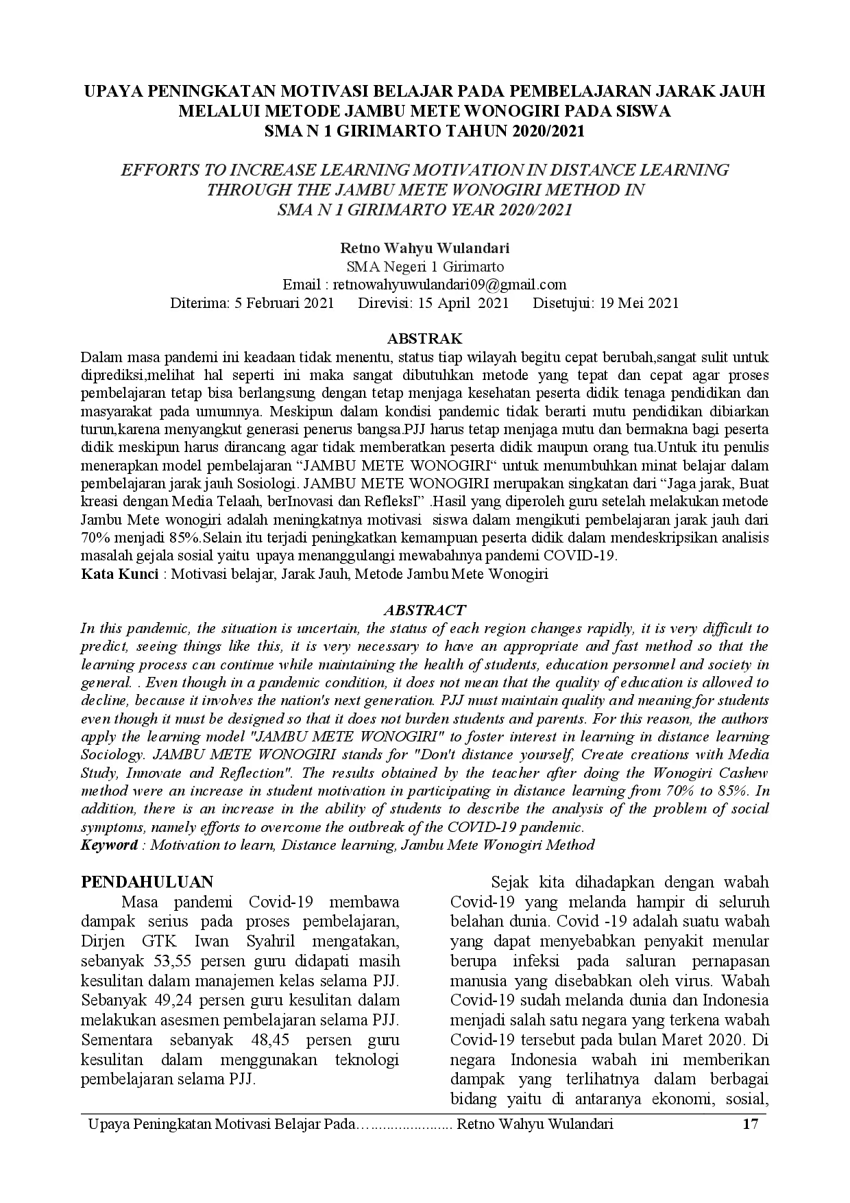 JURIS Upaya Peningkatan Motivasi Belajar Pada Pembelajaran Jarak Jauh Melalui Metode Jambu Mete Wonogiri Pada Siswa Sma N 1 Girimarto Tahun 2020 2021