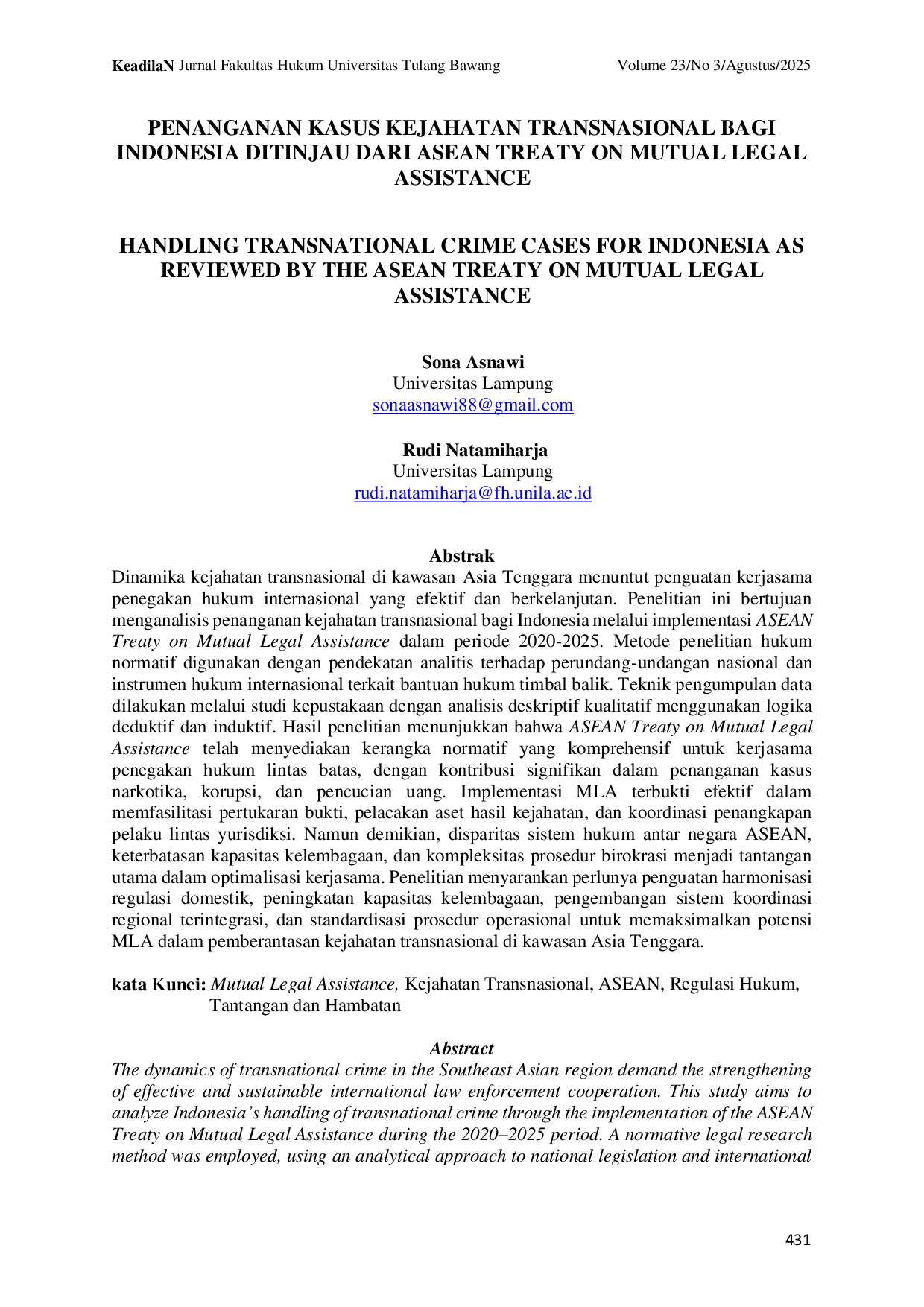 JURIS Penanganan Kasus Kejahatan Transnasional bagi Indonesia Ditinjau dari ASEAN Treaty on Mutual Legal Assistance